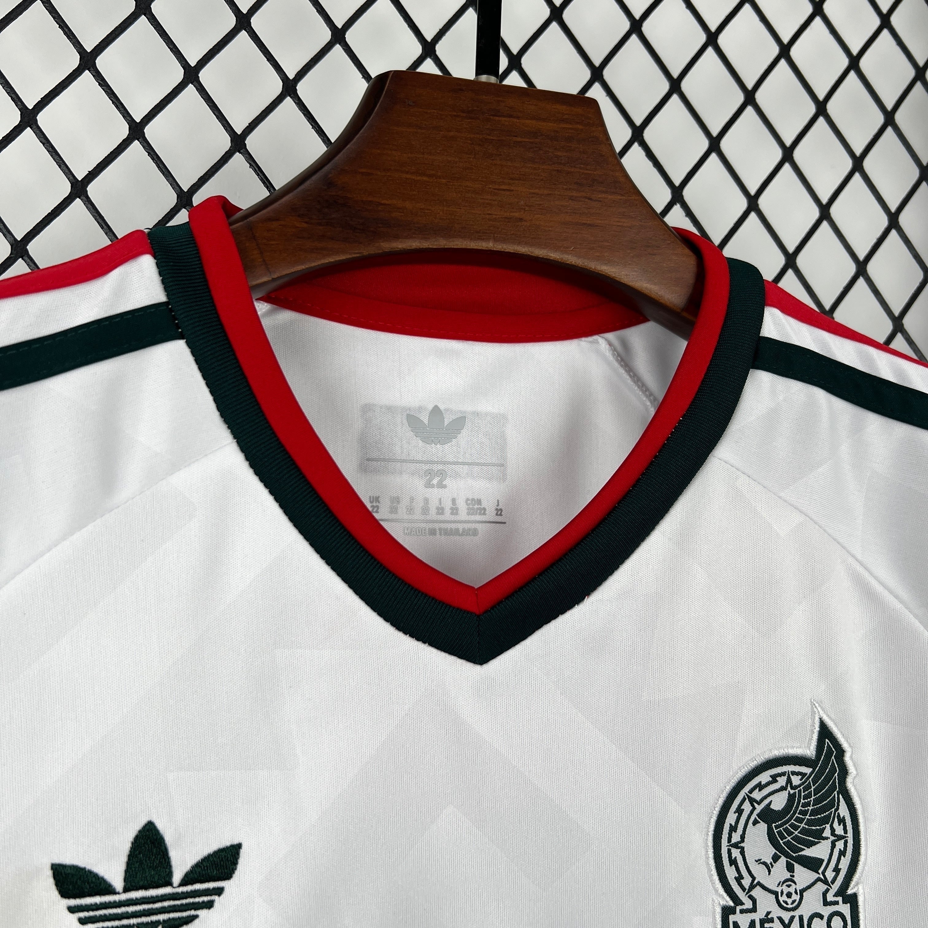 Leazofoot Mexico national football team jersey, white with green and red trim, featuring embroidered crest and Adidas logo.