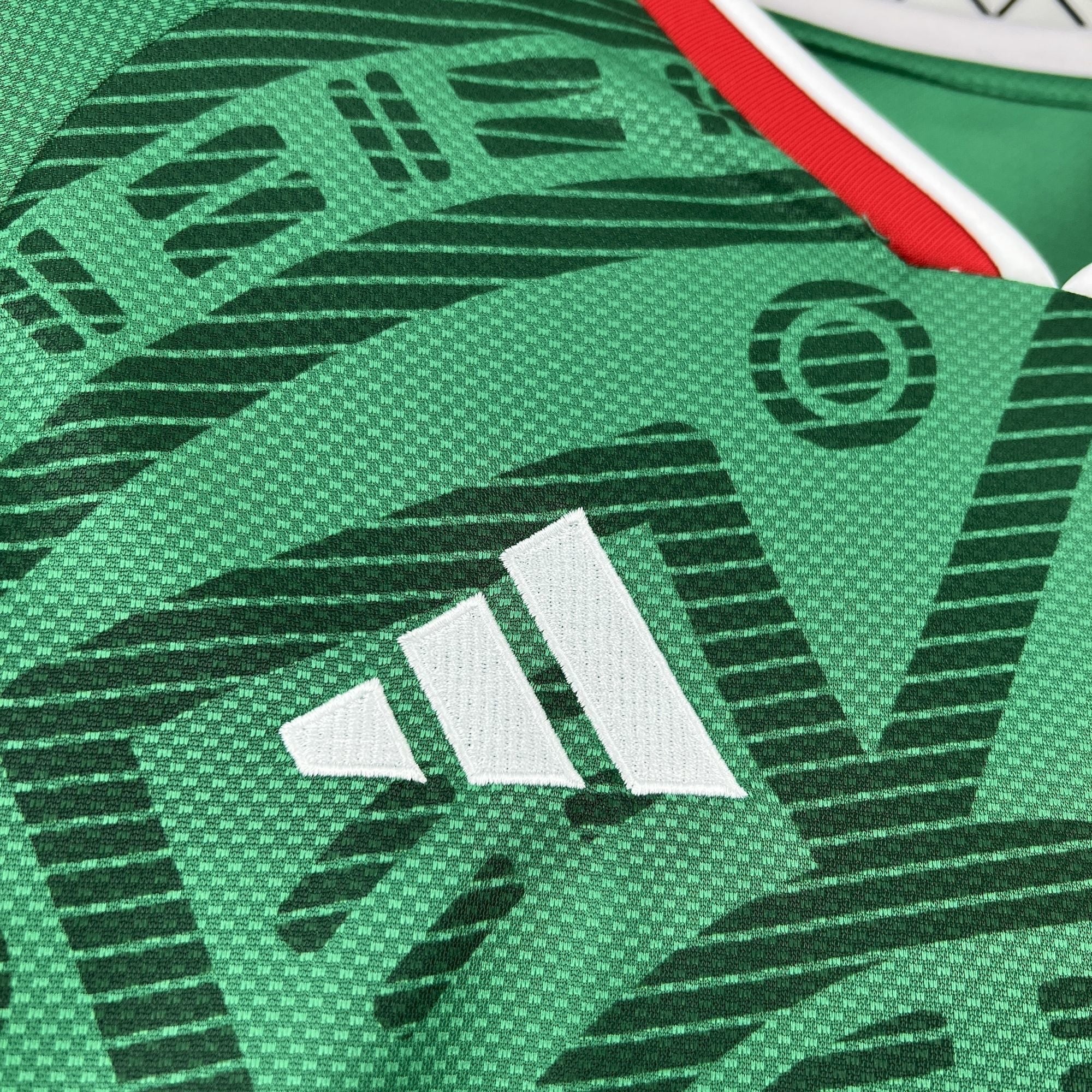 Leazofoot Mexico 2026 home jersey in green with black geometric pattern and white Adidas logo.