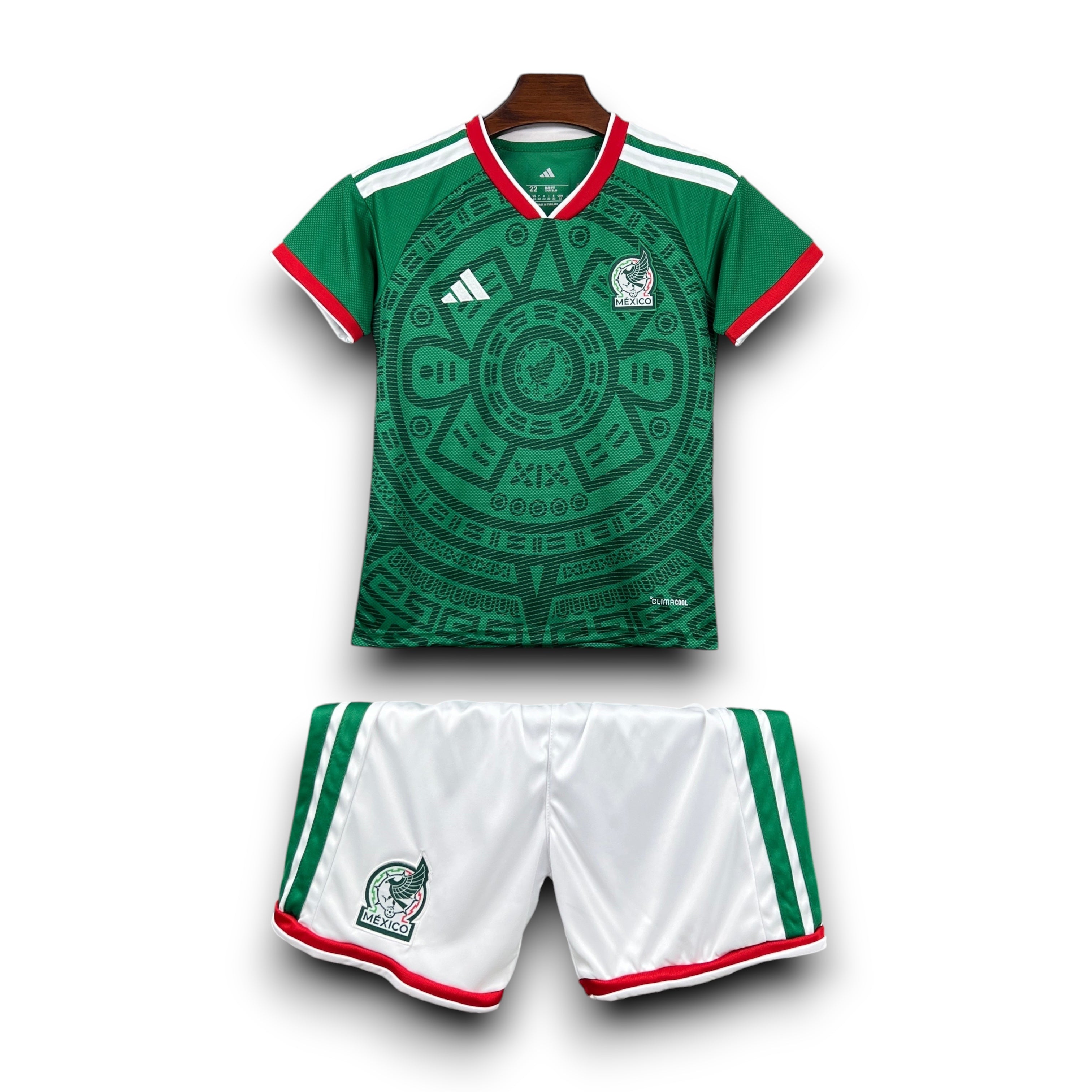 Leazofoot Mexico kids' green and white football kit with red trim. Features Aztec-inspired pattern on shirt.