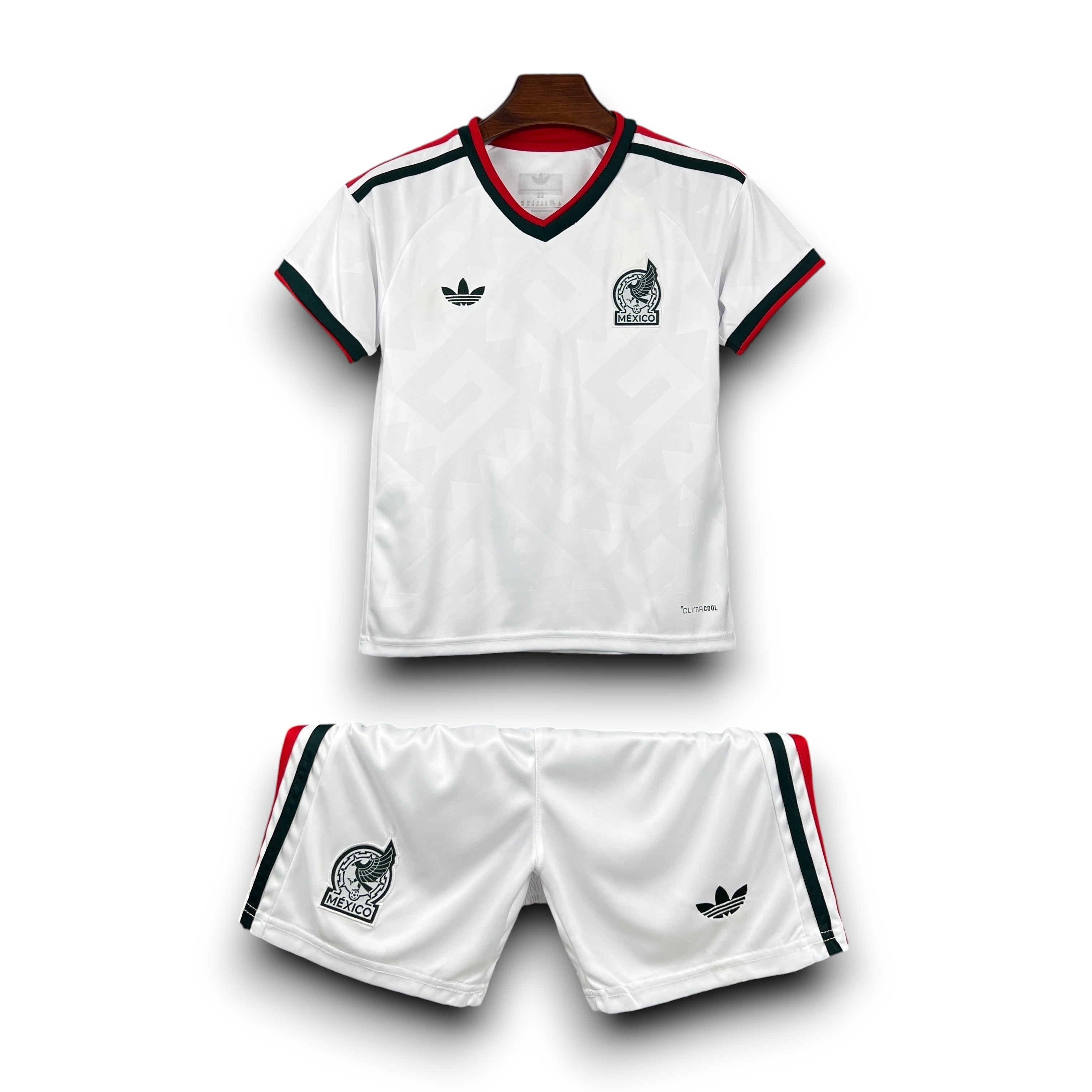 Leazofoot Mexico kids' white soccer jersey and shorts set with red and green trim.