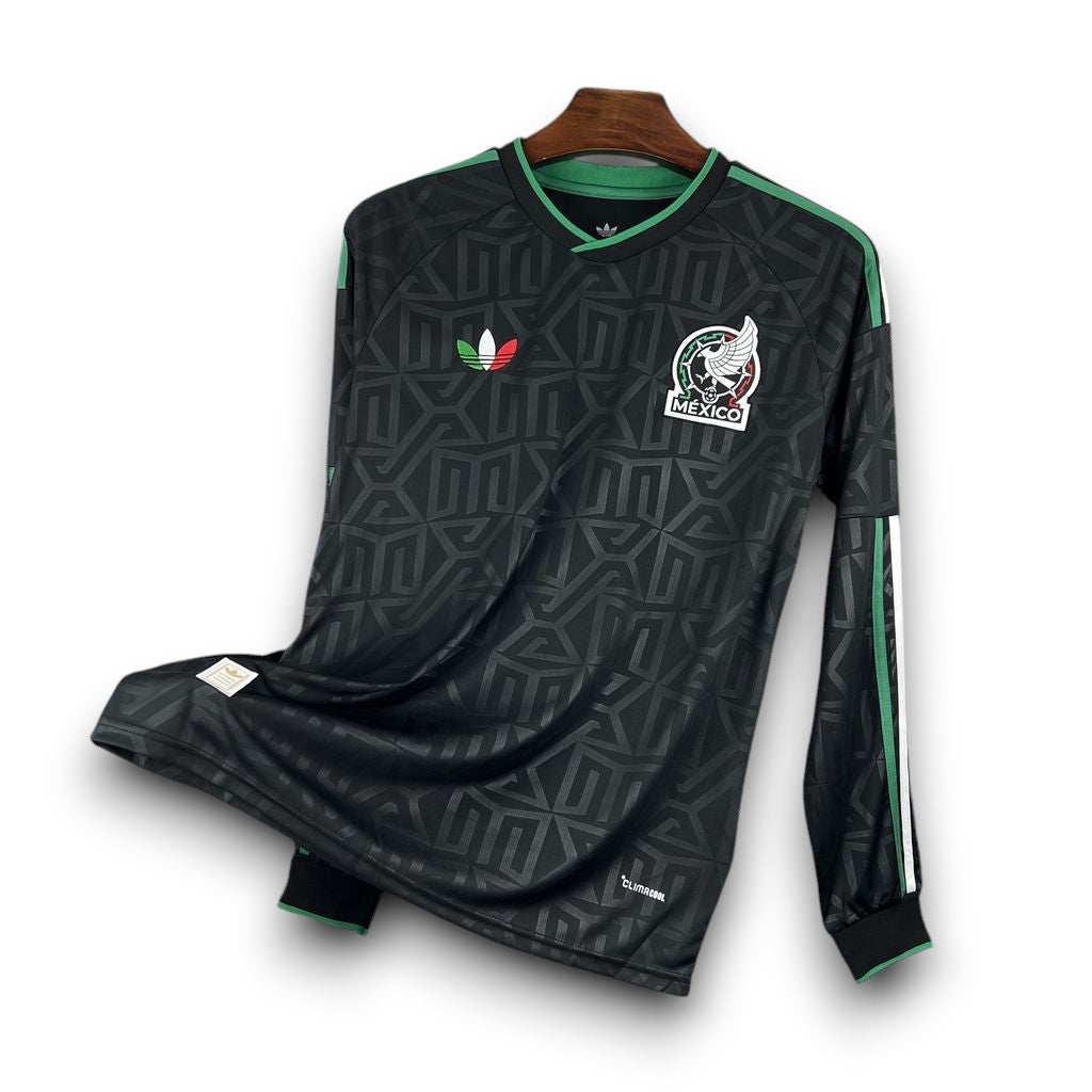 Leazofoot Mexico 2026 third long sleeve soccer jersey in black with green trim and geometric pattern
