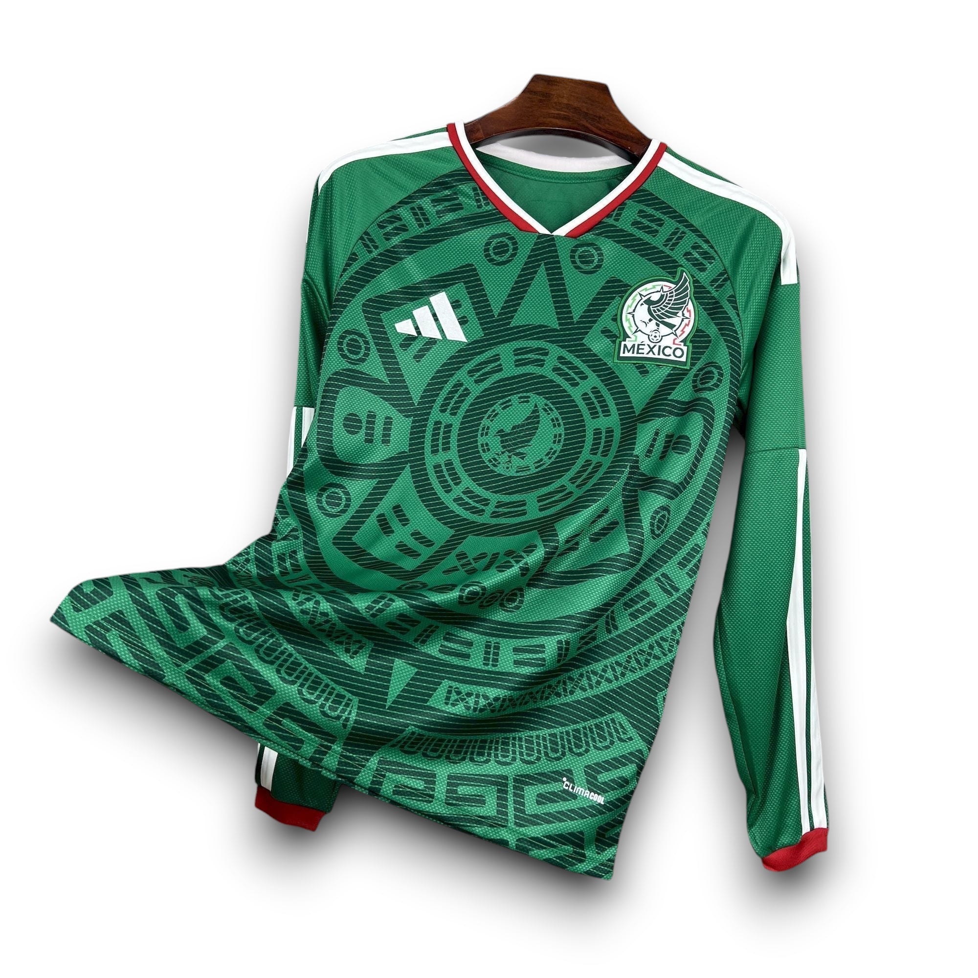 Leazofoot Mexico long sleeve soccer jersey with green Aztec-inspired pattern and white stripes on sleeves.