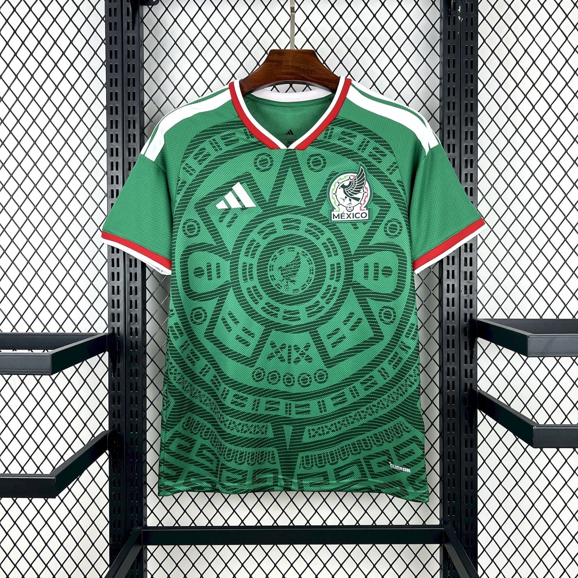 Leazofoot Mexico 2026 home soccer jersey in green with Aztec-inspired patterns and red and white trim.