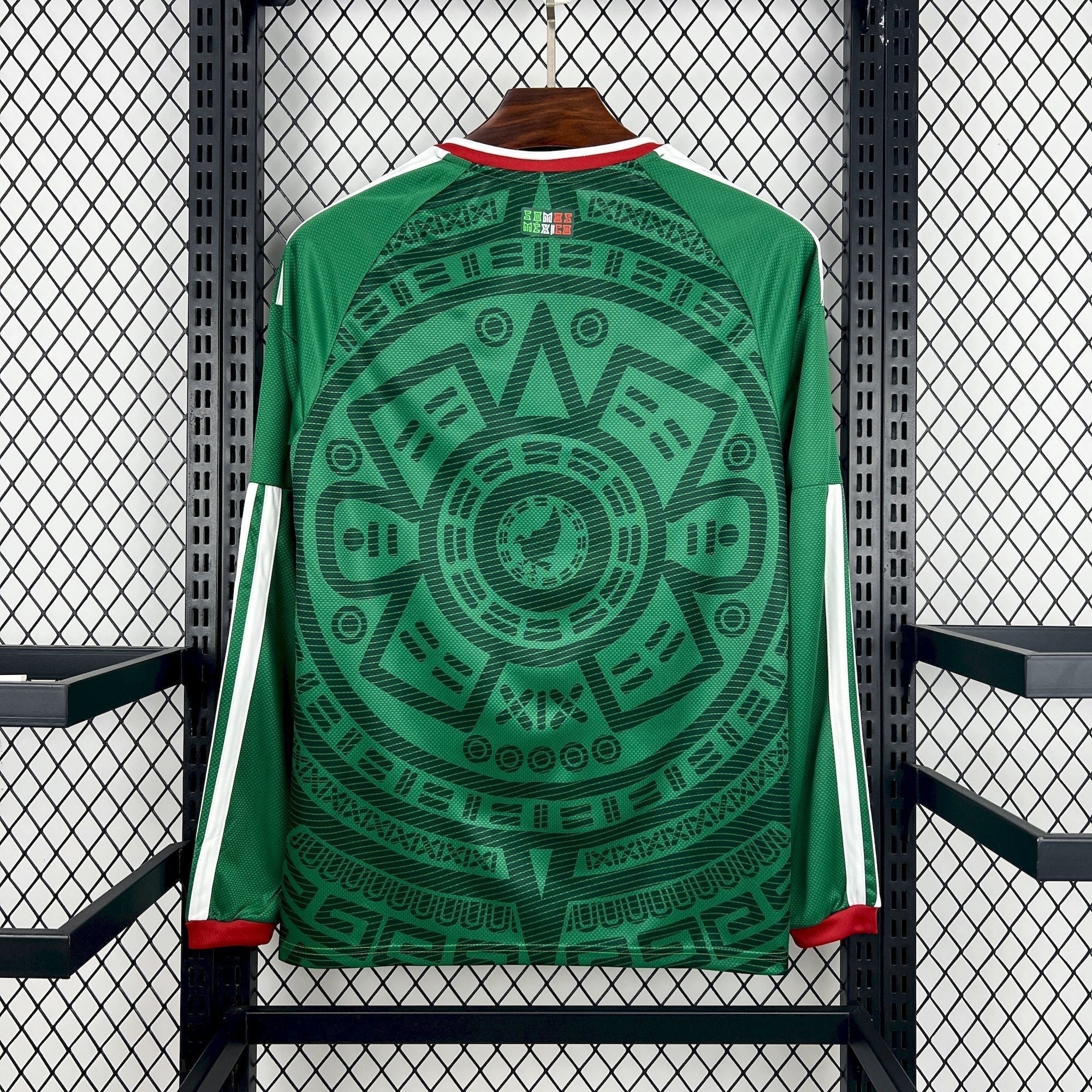 Leazofoot Mexico home long sleeve soccer jersey with Aztec calendar design in green and white