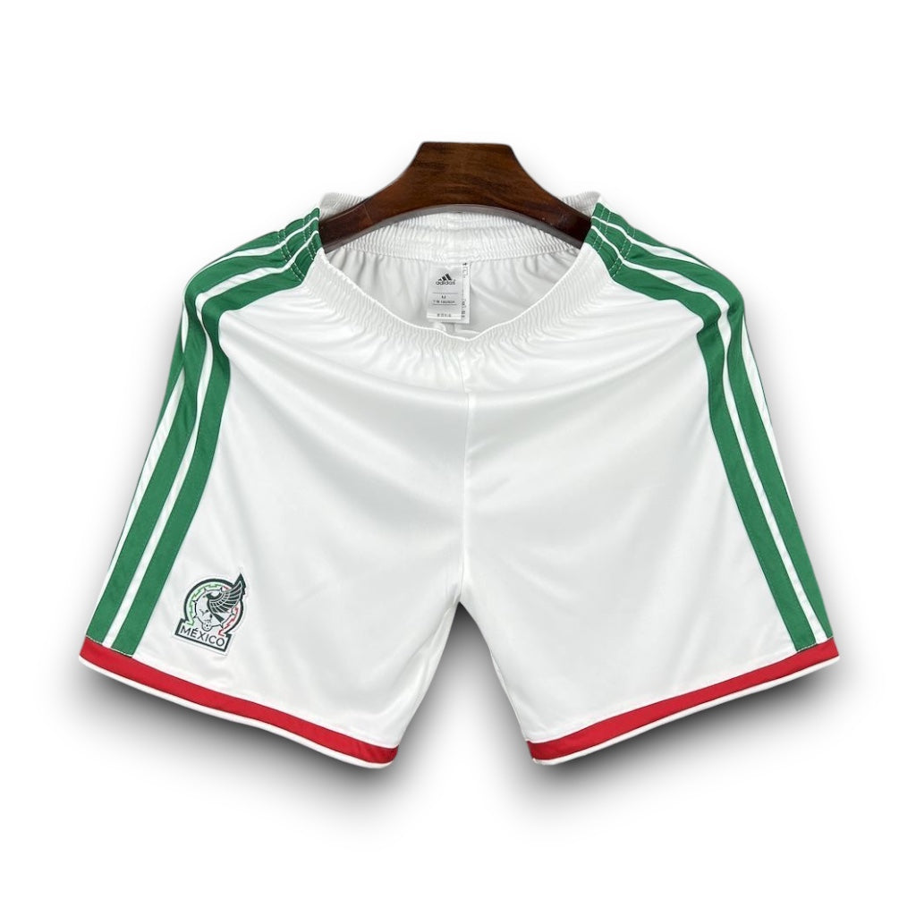 Leazofoot white soccer shorts with green and red trim, featuring the Mexico crest.