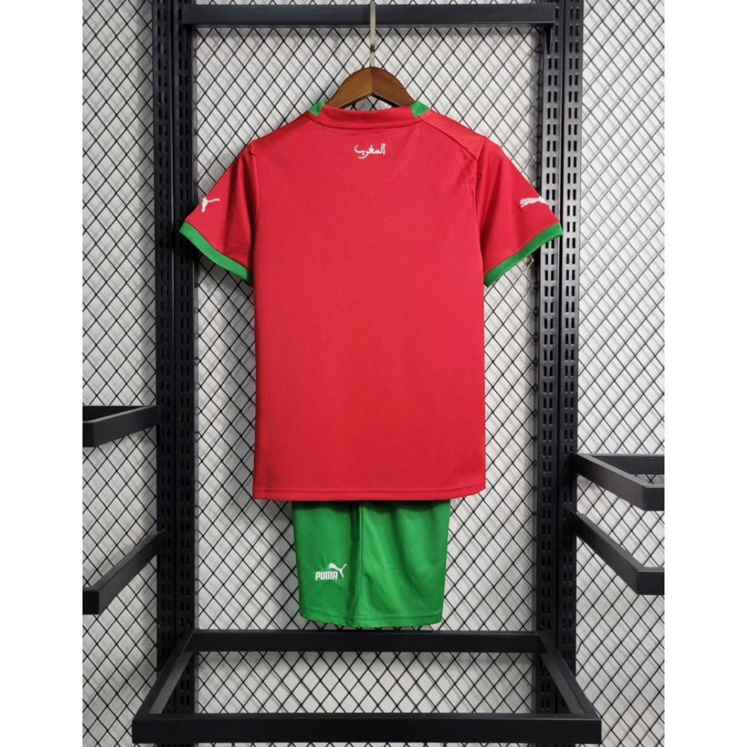 Leazofoot Morocco 2024 kids home kit featuring a red jersey with green trim and matching green shorts