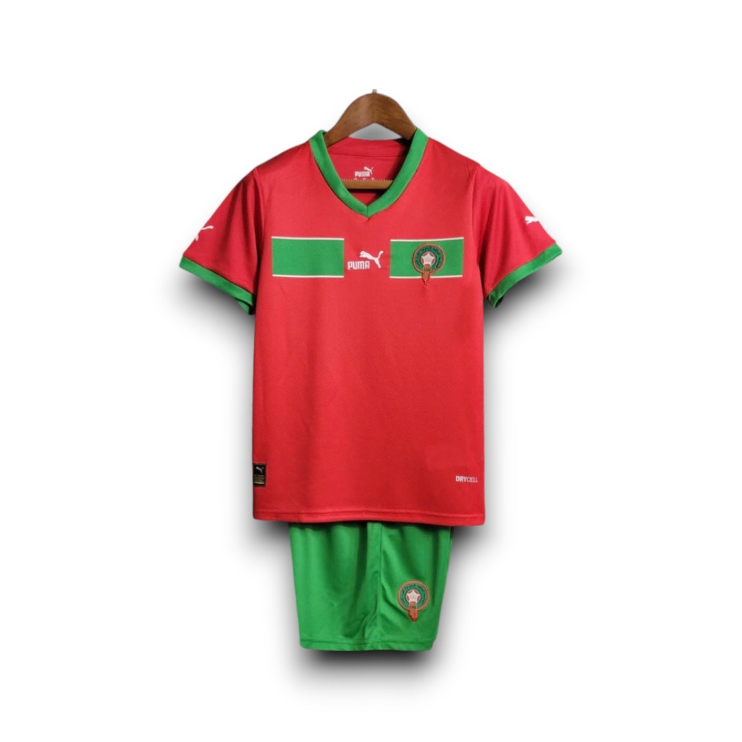 Leazofoot Morocco 2024 home kids soccer kit in red and green with team crest and Puma branding