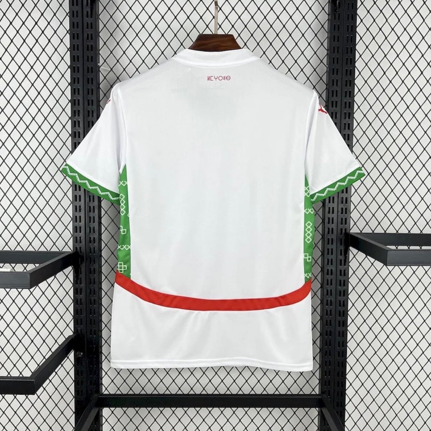 Leazofoot Morocco 2025 away football jersey in white with green geometric side panels and a red horizontal stripe.