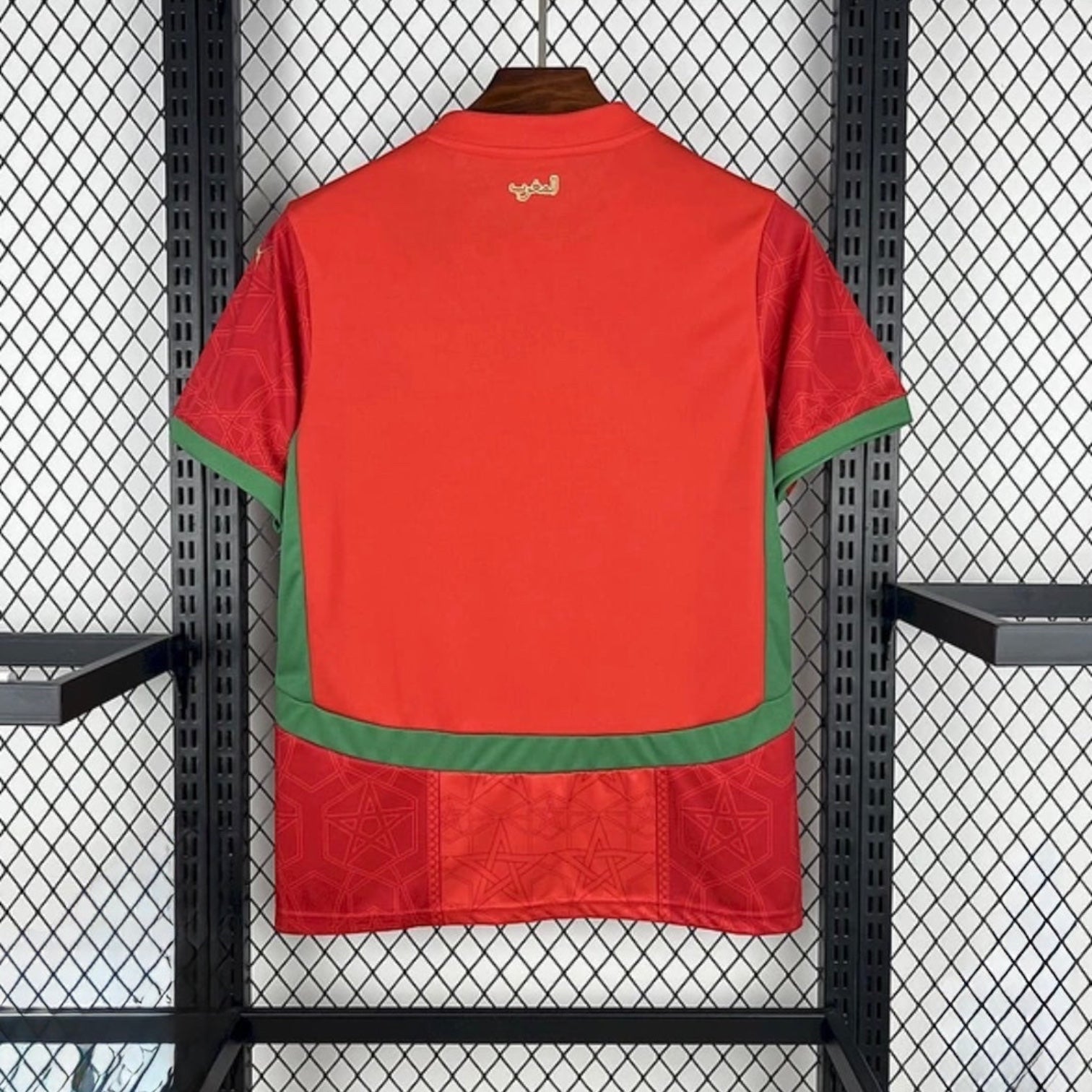 Leazofoot Morocco 2025 home football jersey in red and green with intricate geometric star patterns on the back.
