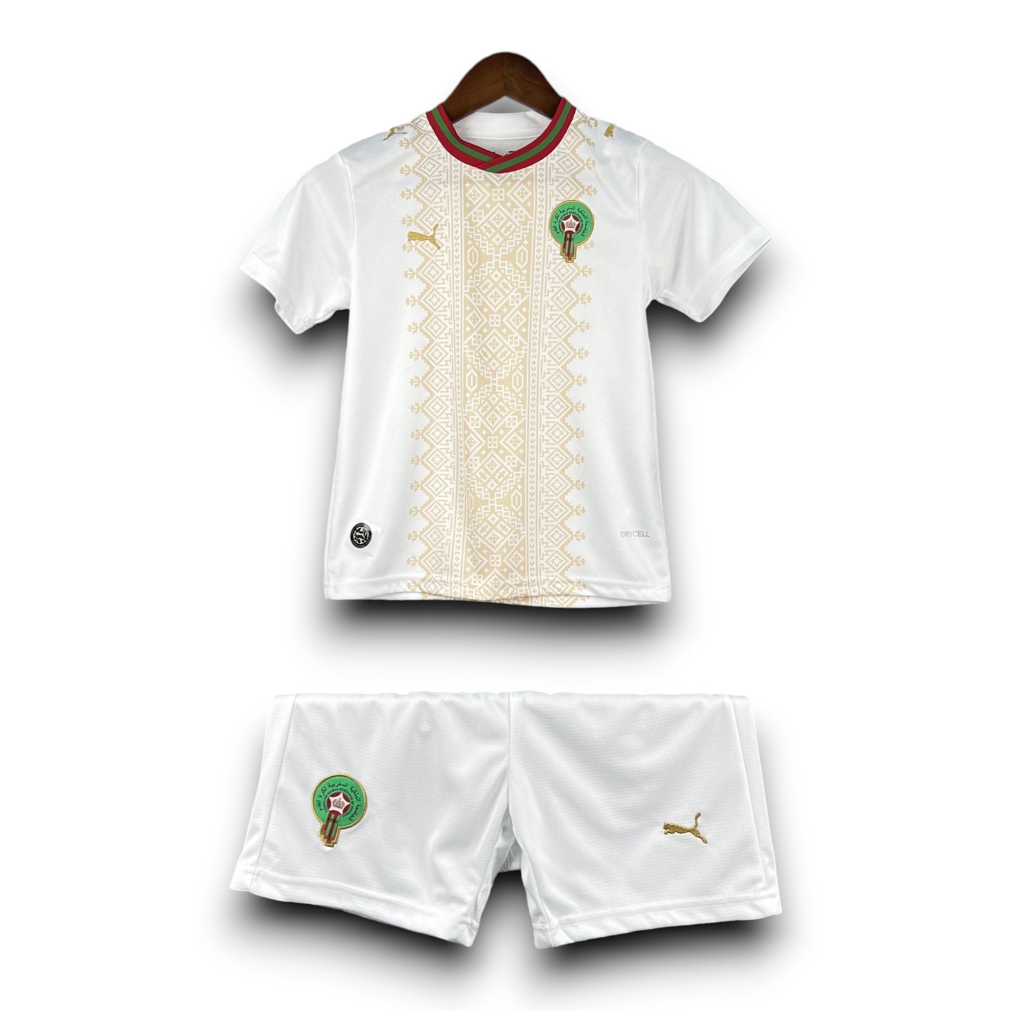 Leazofoot white and gold Moroccan football kit for children, featuring intricate patterns and team crest.