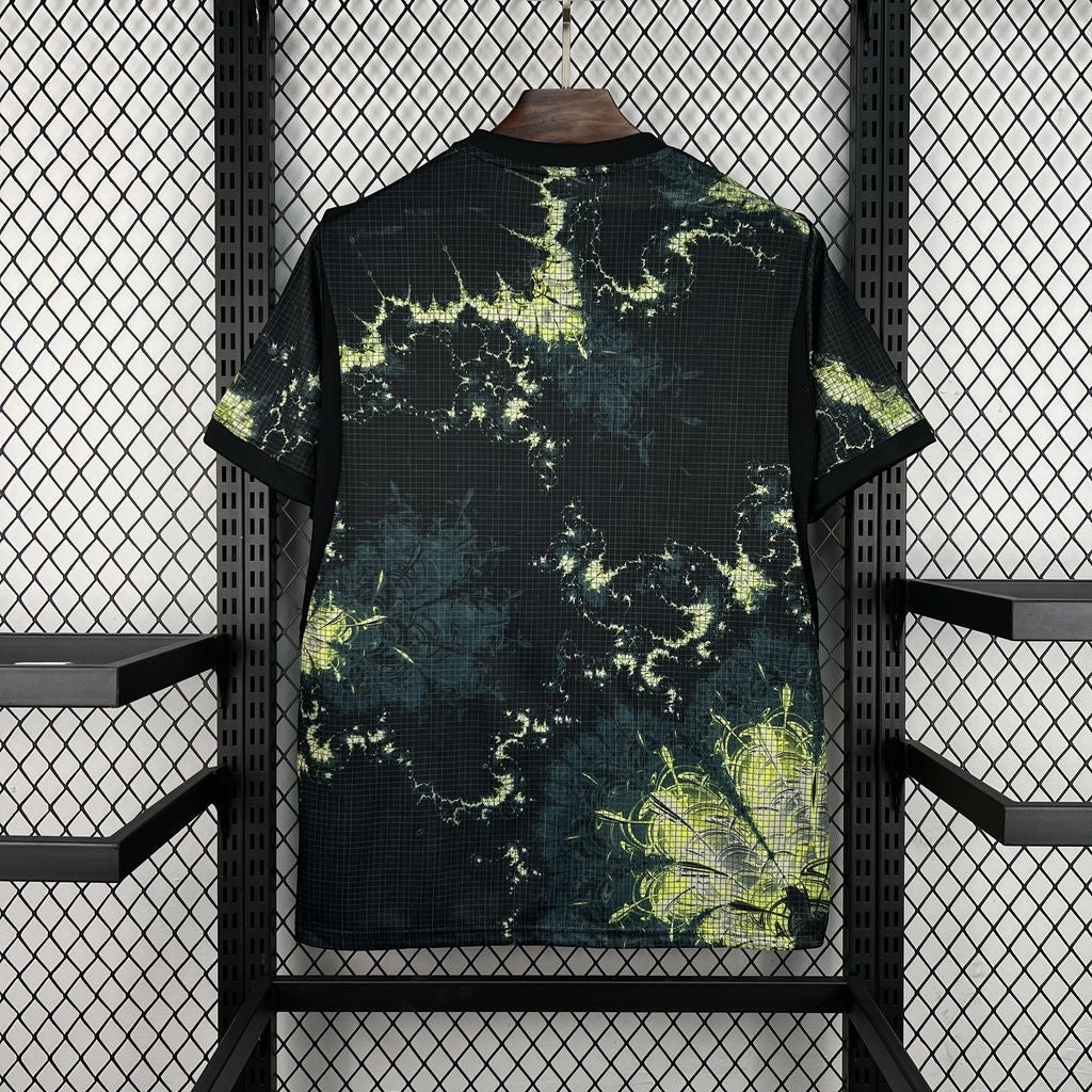 Leazofoot Netherlands 2026 goalkeeper jersey in black with a green abstract grid pattern and short sleeves.