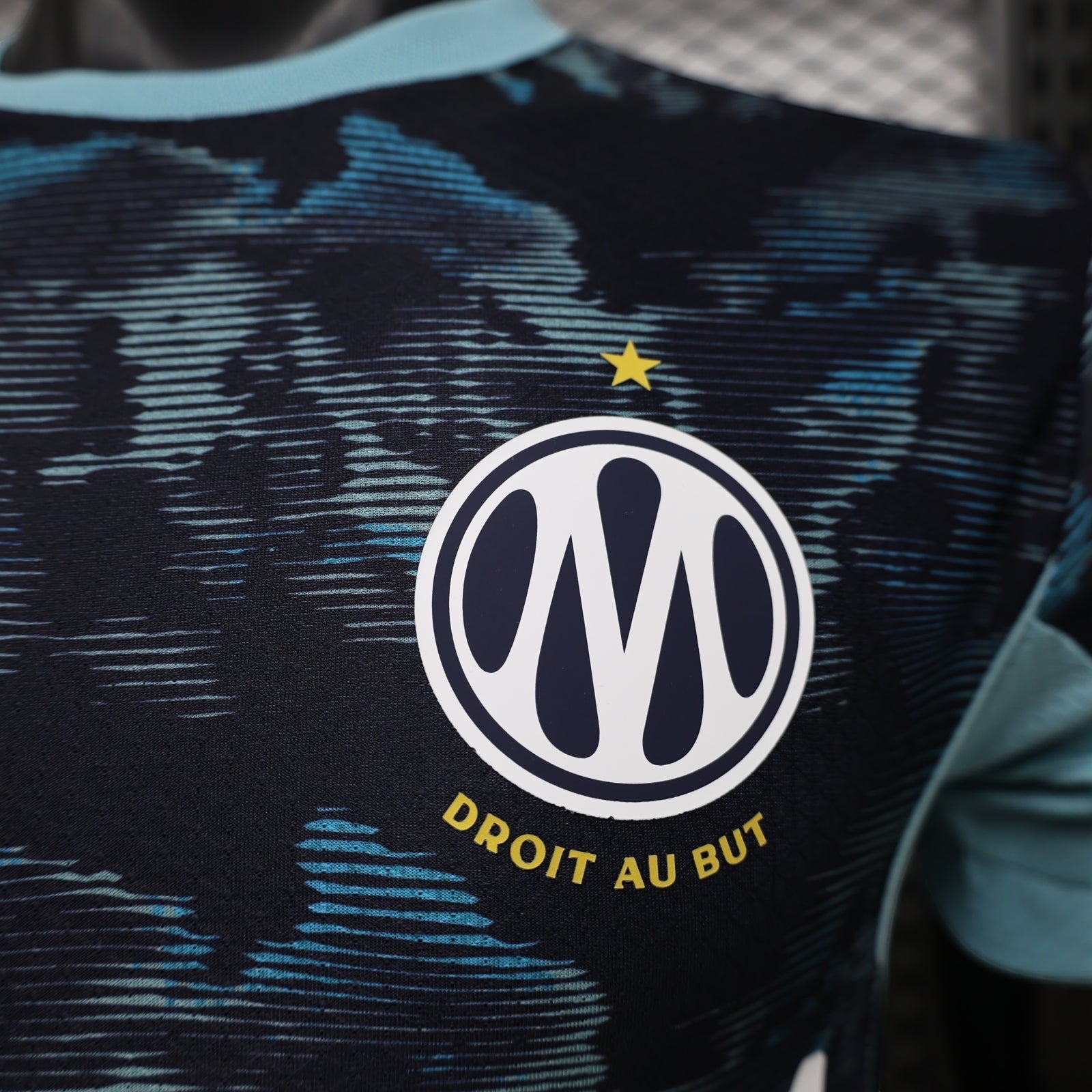 Leazofoot Olympique de Marseille 26/27 away jersey in black and teal with the club crest and Droit au But text