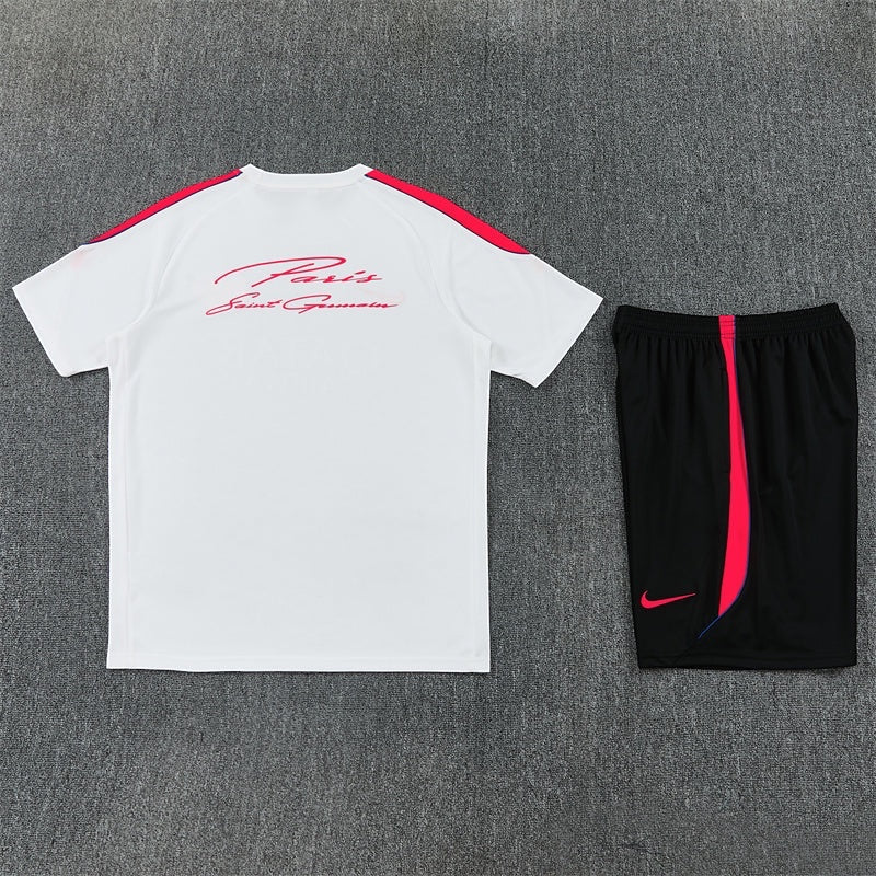 Leazofoot Paris Saint Germain 26/27 training set featuring a white t-shirt with red accents and black athletic shorts