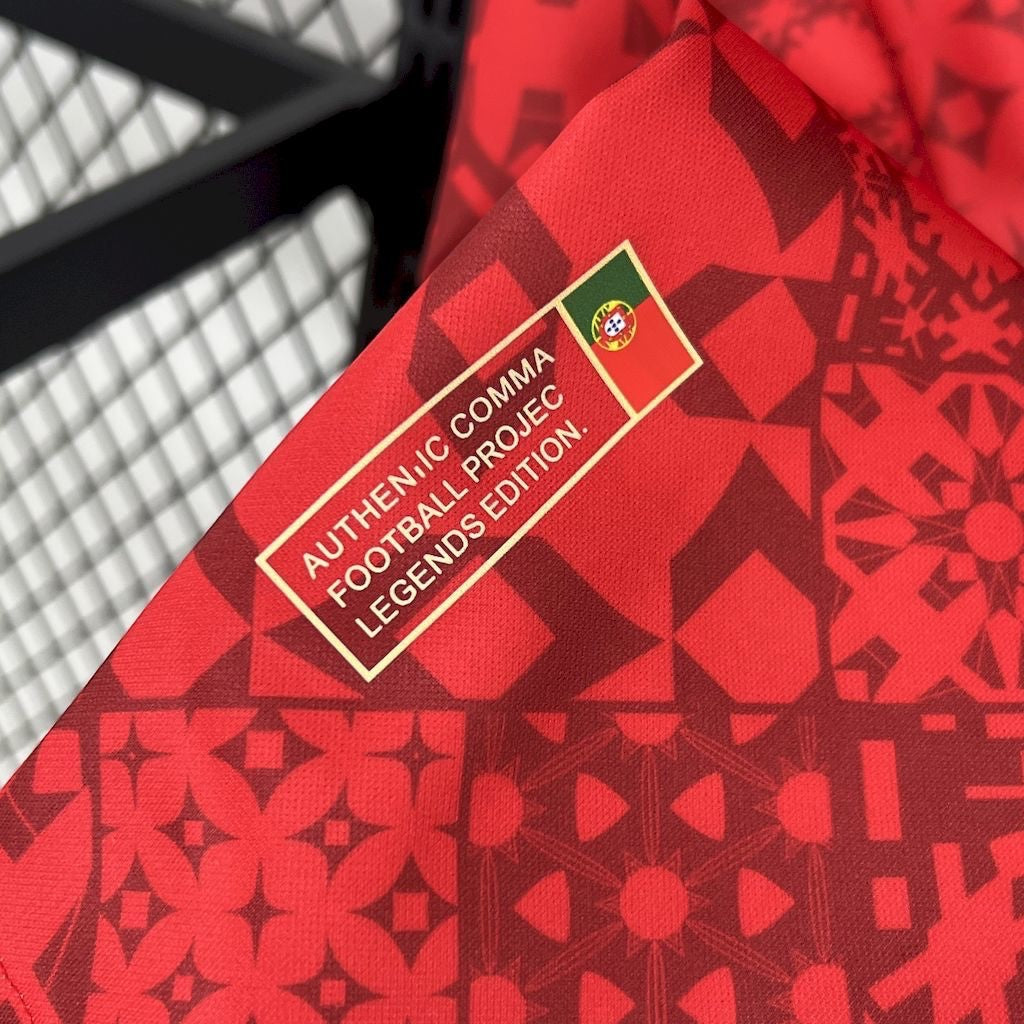Leazofoot Portugal 2024 special edition football jersey in red with intricate geometric patterns and authentic label.