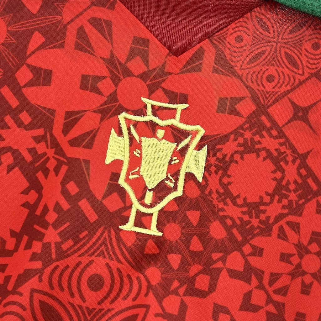 Leazofoot Portugal 2024 special edition soccer jersey featuring a red patterned fabric and embroidered gold crest.