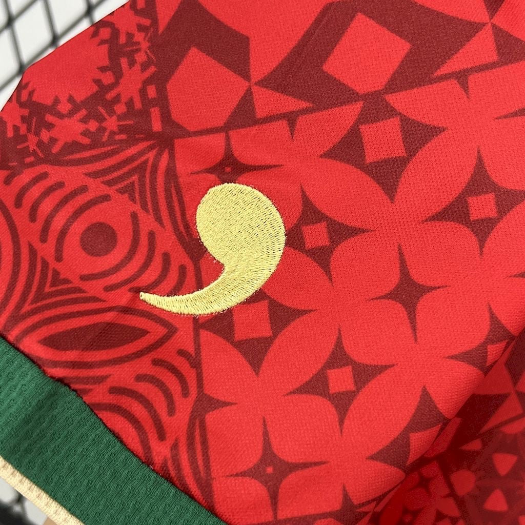Leazofoot Portugal 2024 special edition soccer jersey featuring a red patterned fabric with gold embroidered detail.
