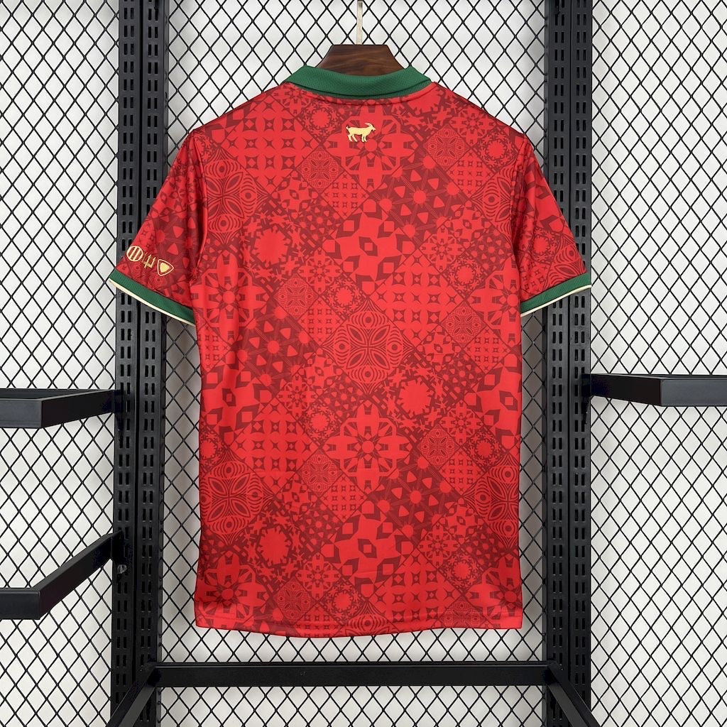 Leazofoot Portugal 2024 special edition red soccer jersey with intricate geometric patterns and green collar trim.