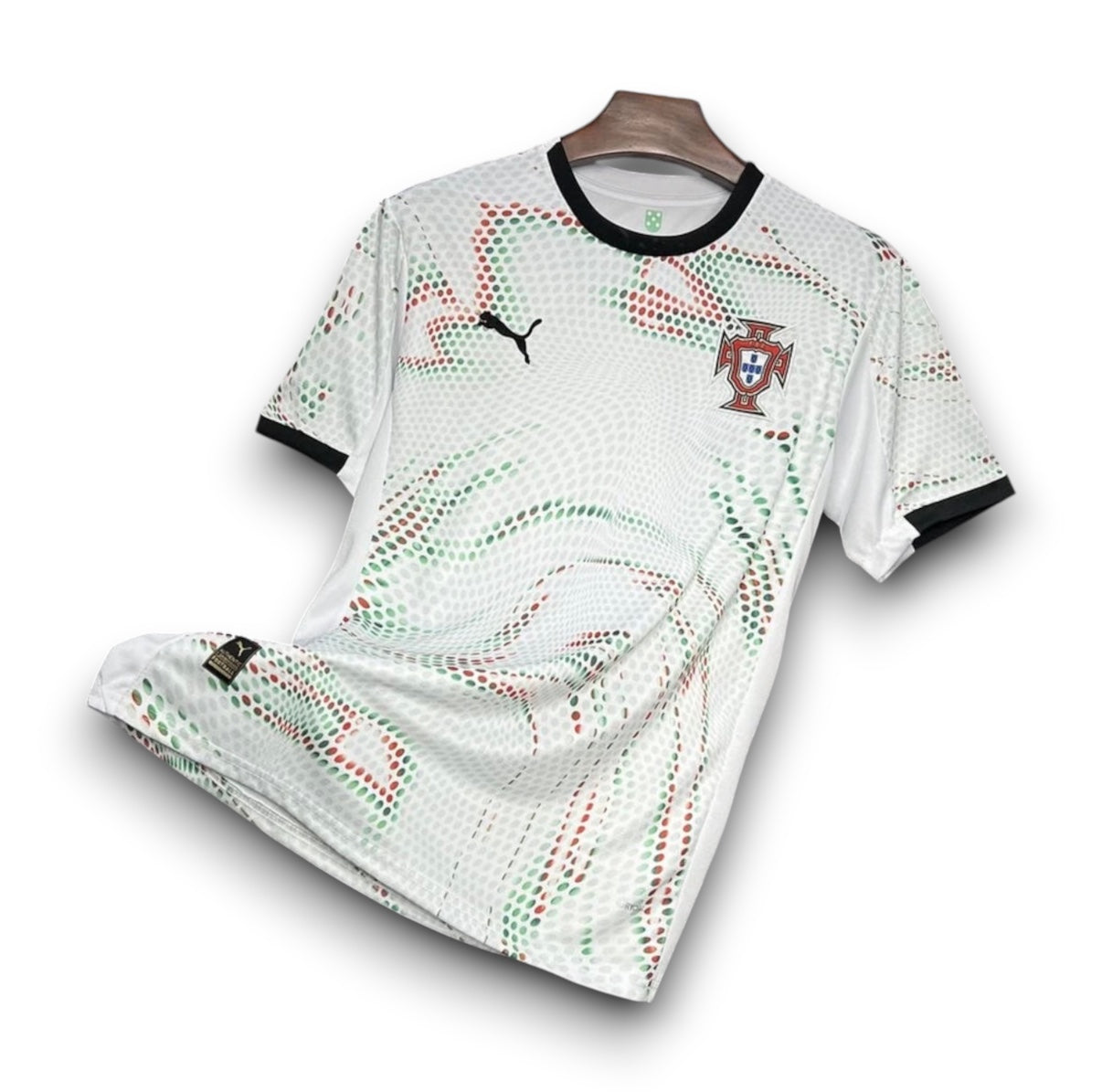 Leazofoot Portugal 2025 away football jersey in white with green and red dotted pattern and black trim.