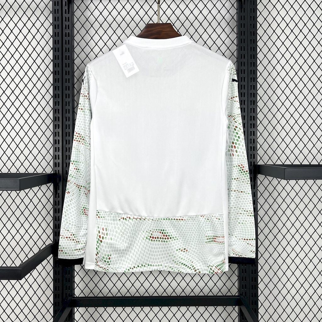 Leazofoot Portugal 2025 long-sleeve away soccer jersey in white with patterned sleeves and back hem detail.