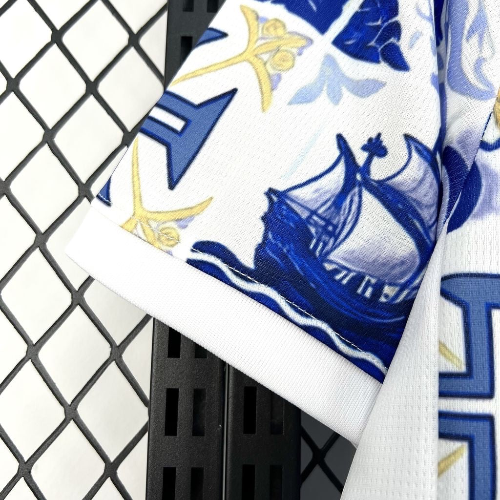 Leazofoot Portugal 2026 concept jersey sleeve with blue and white azulejo-inspired nautical ship print