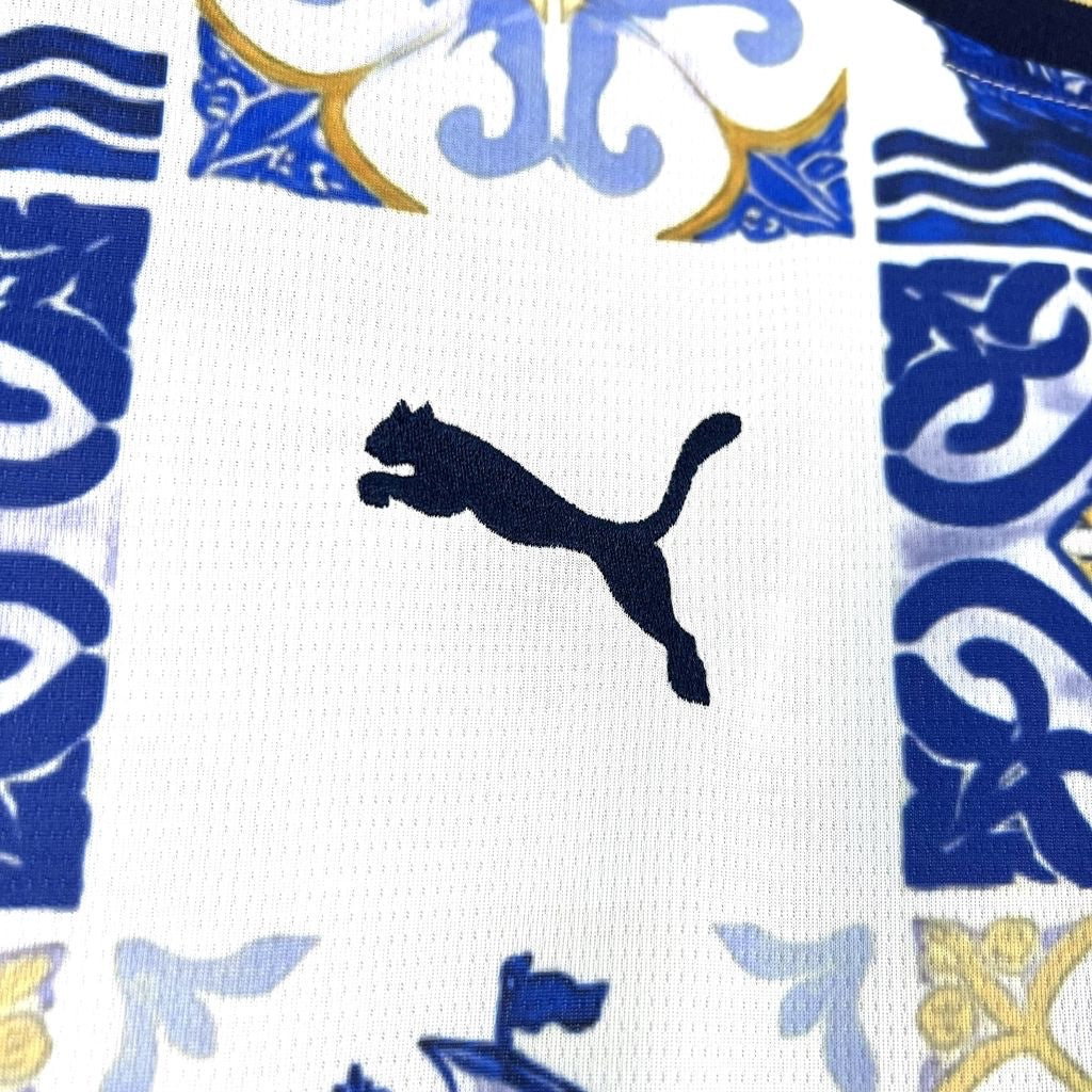 Leazofoot Portugal 2026 concept jersey featuring a white fabric with blue and gold azulejo tile-inspired patterns.