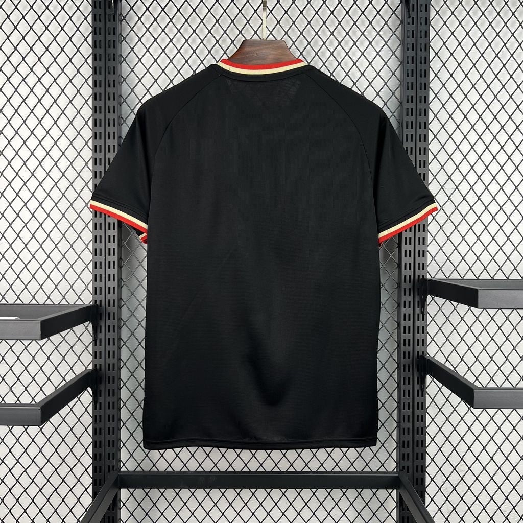 Leazofoot Portugal 2026 concept soccer jersey in black with red and gold striped trim on collar and sleeves.