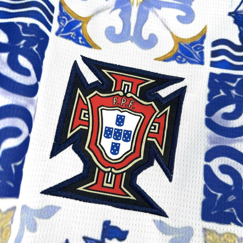 Leazofoot Portugal 2026 concept jersey featuring a white base with blue azulejo tile-inspired patterns and FPF crest.