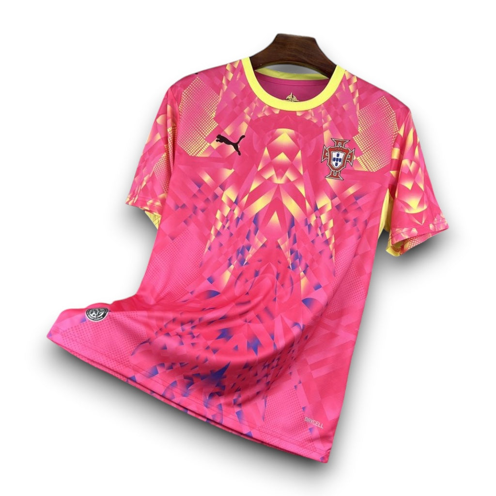 Leazofoot Portugal 2026 goalkeeper jersey in vibrant pink and yellow with geometric patterns and team crest