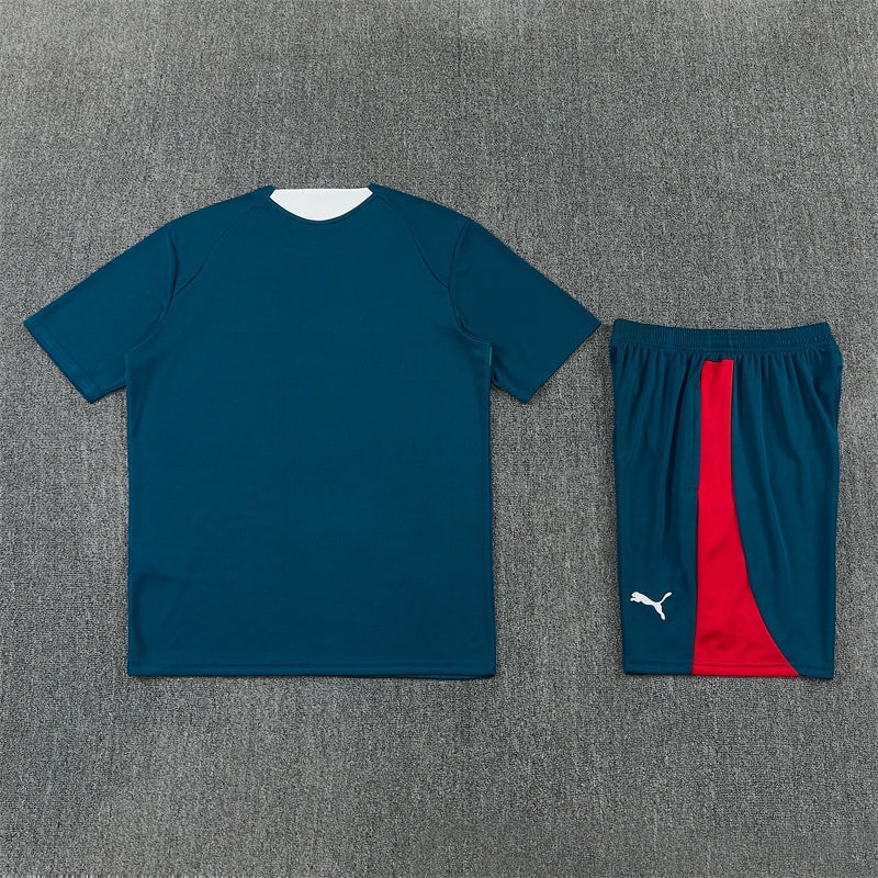 Leazofoot Portugal 2026 training ensemble featuring a dark teal t-shirt and matching shorts with red side panels.
