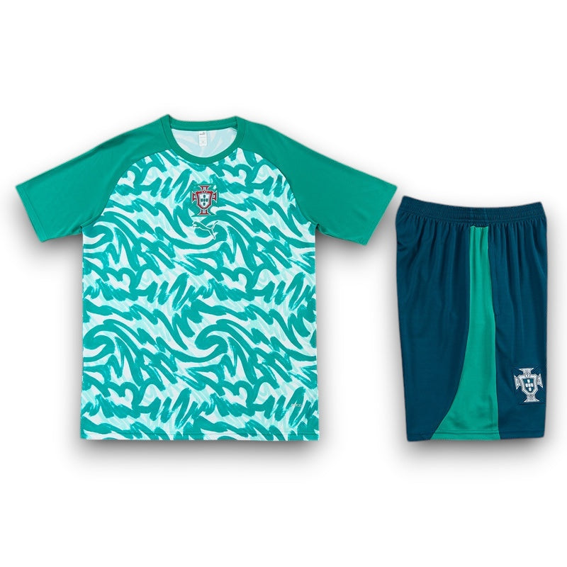 Leazofoot Portugal 2026 training kit featuring a green and white patterned jersey and matching dark green shorts.