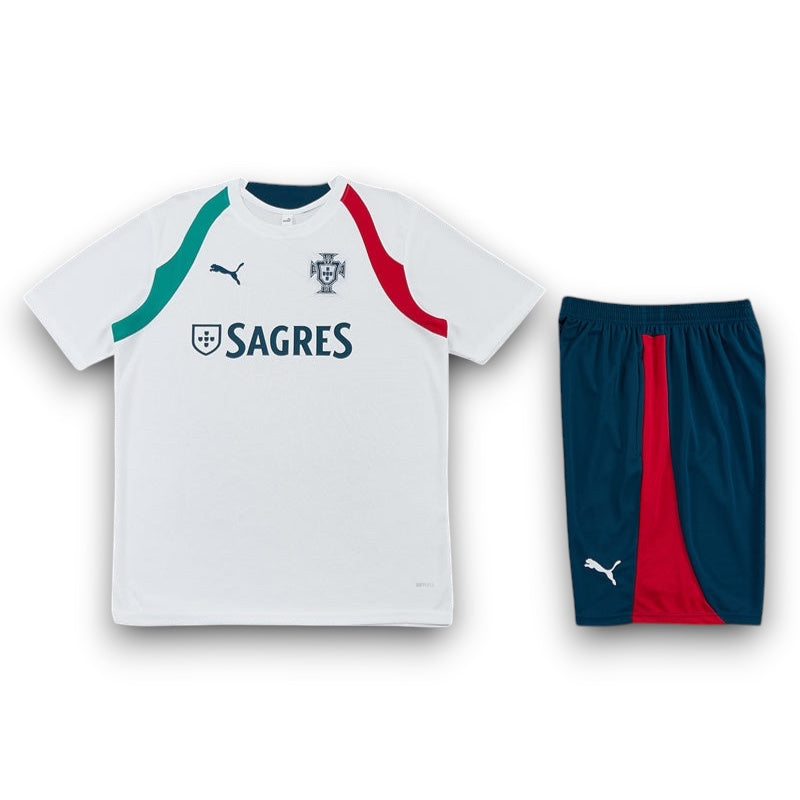 Leazofoot Portugal 2026 training kit featuring a white jersey with green and red accents and matching dark blue shorts