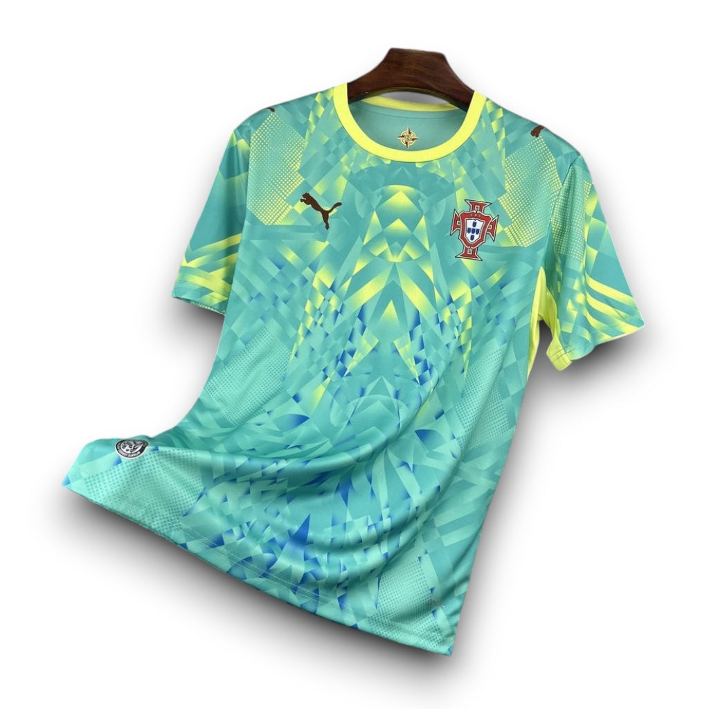 Leazofoot Portugal 2026 goalkeeper jersey in turquoise and yellow with geometric pattern and team crest