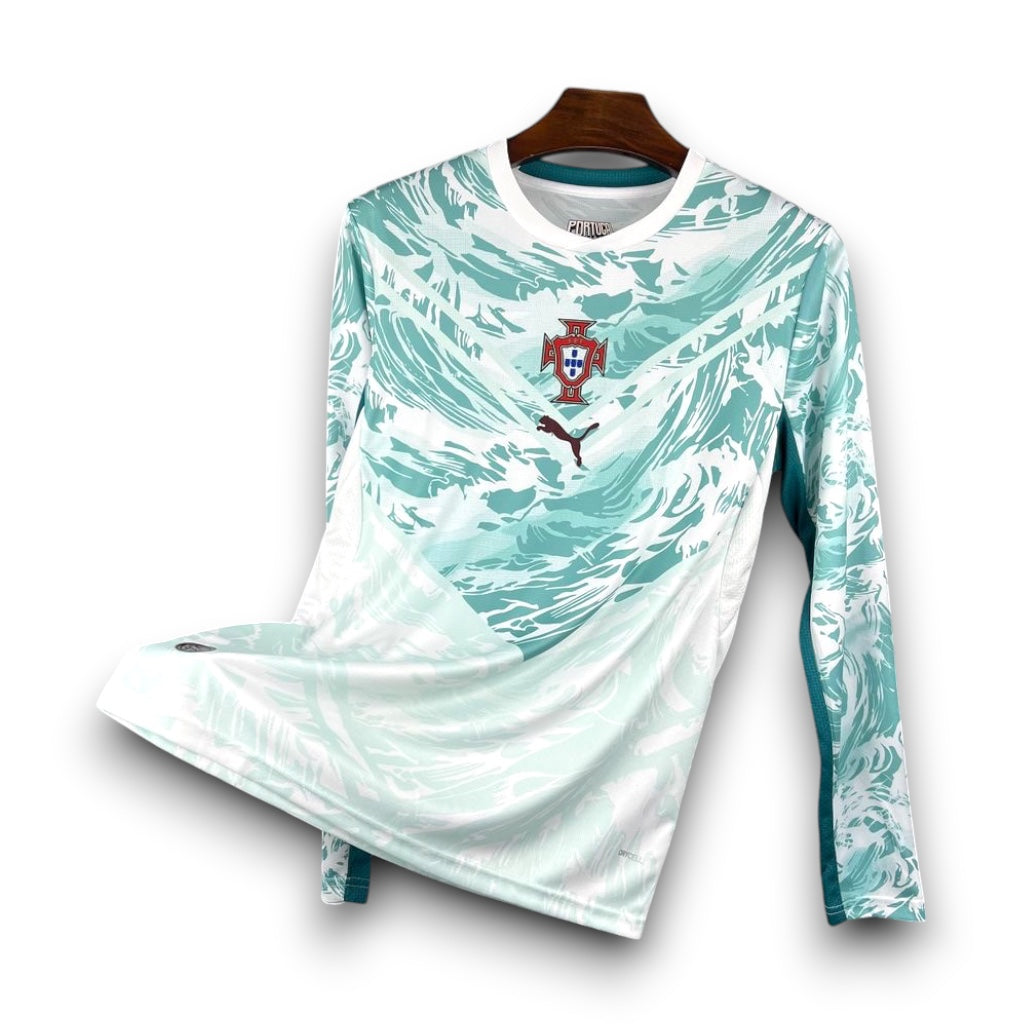 Leazofoot Portugal 2026 long-sleeve home jersey in white and teal with a wave-inspired graphic print