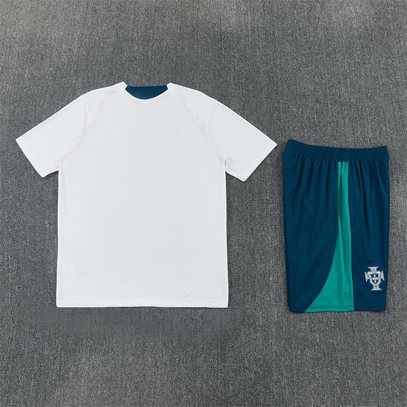 Leazofoot Portugal 2026 training set featuring a white short-sleeve jersey and teal shorts with team crest