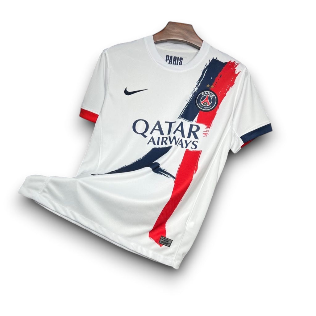 Leazofoot Paris Saint Germain 24/25 away jersey in white with red and blue brushstroke diagonal stripe detail.