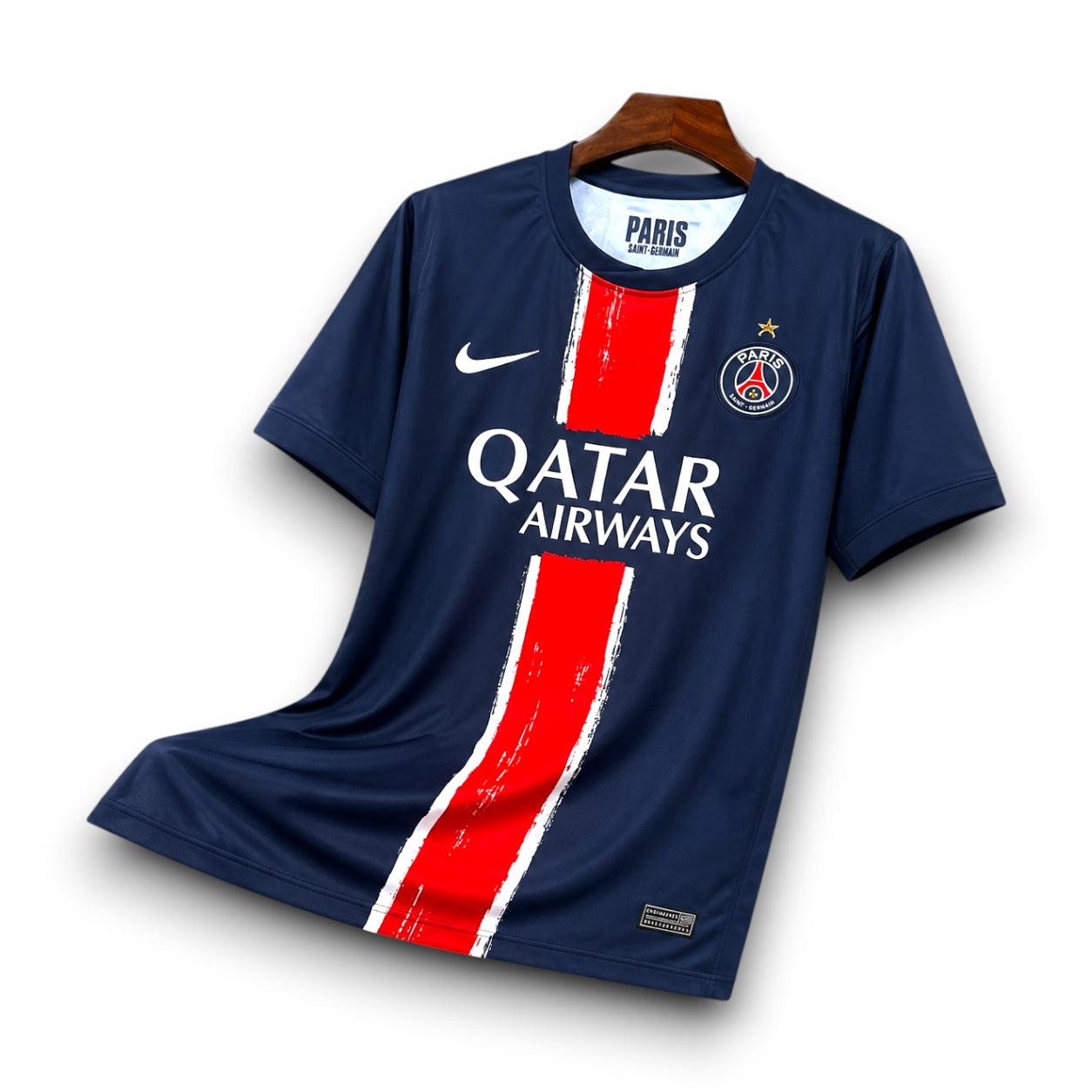 Leazofoot Paris Saint Germain 24/25 home jersey in navy blue with a red and white vertical stripe design.