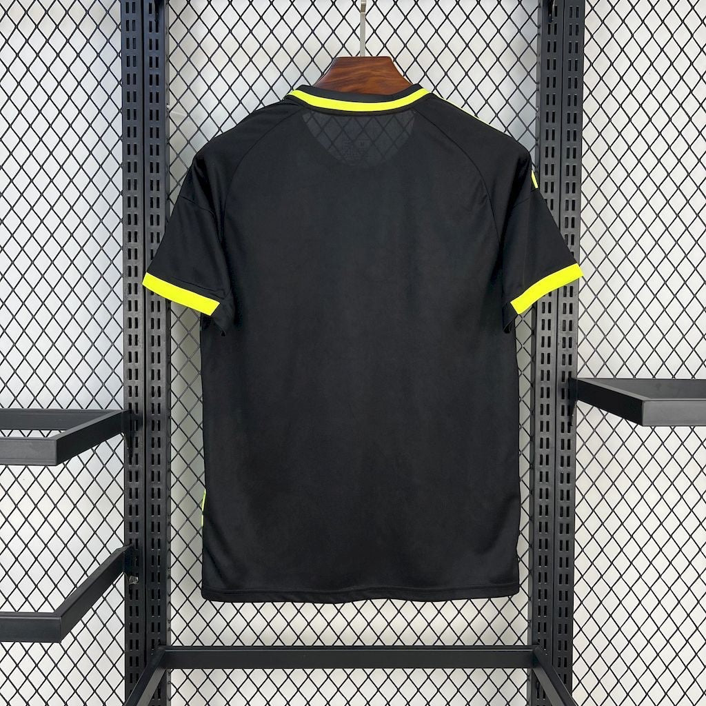Back view of Leazofoot Real Madrid Serpent Rose concept football jersey in black with bright yellow trim on sleeves