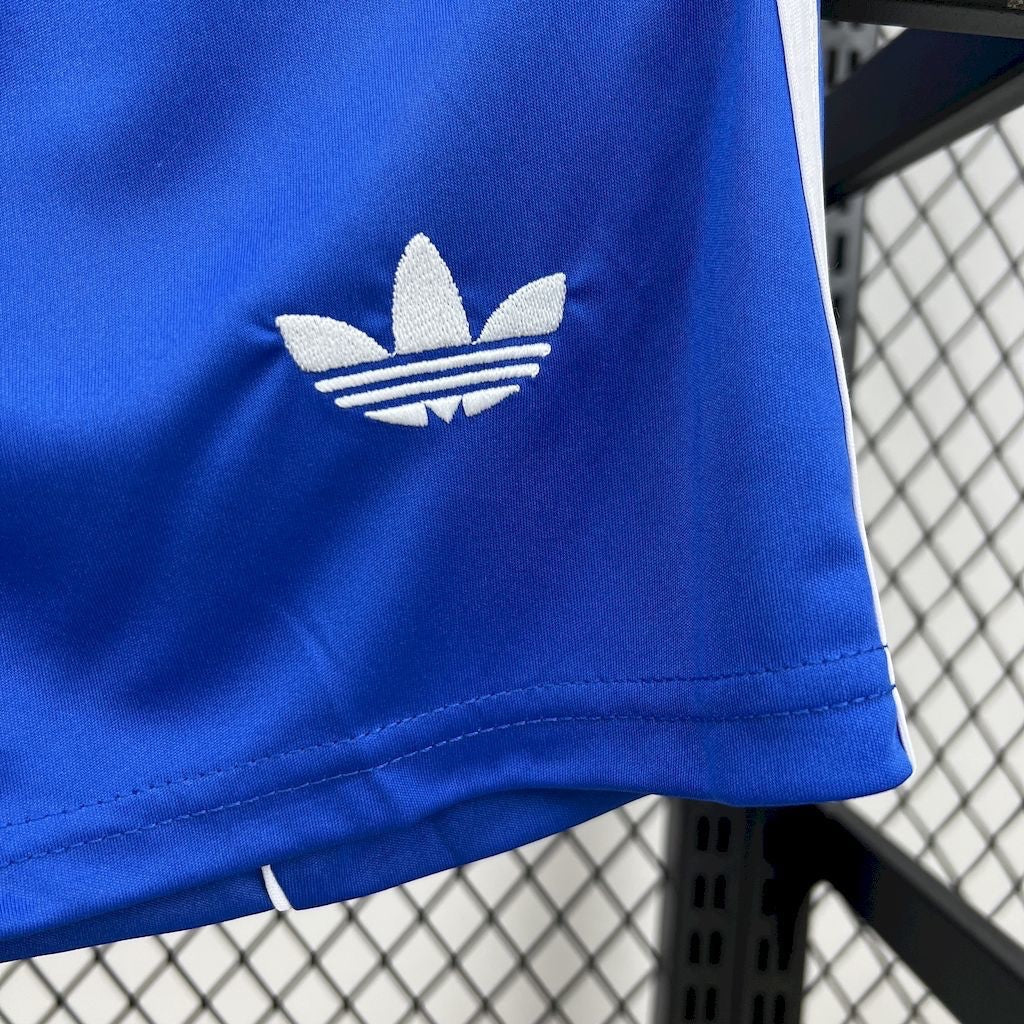 Leazofoot Real Madrid 25/26 third kit youth shorts in bright blue with white embroidered Adidas trefoil logo