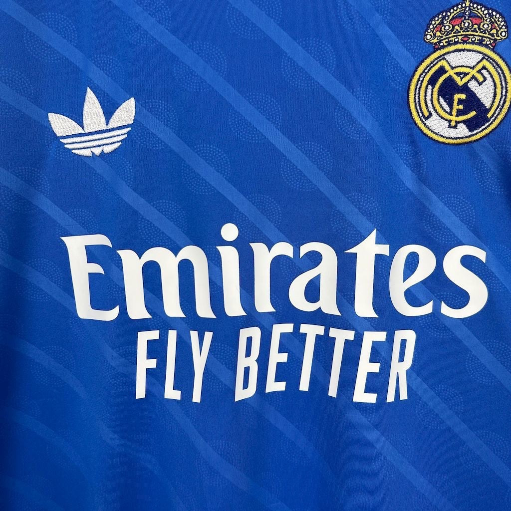 Leazofoot Real Madrid 2025-26 third football jersey in blue with white Adidas trefoil logo and team crest