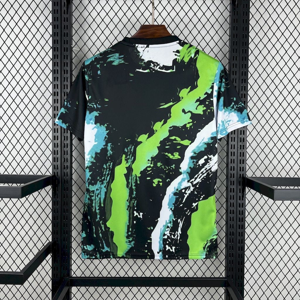 Back view of Leazofoot Real Madrid concept football jersey featuring a black, lime green, and blue abstract pattern.
