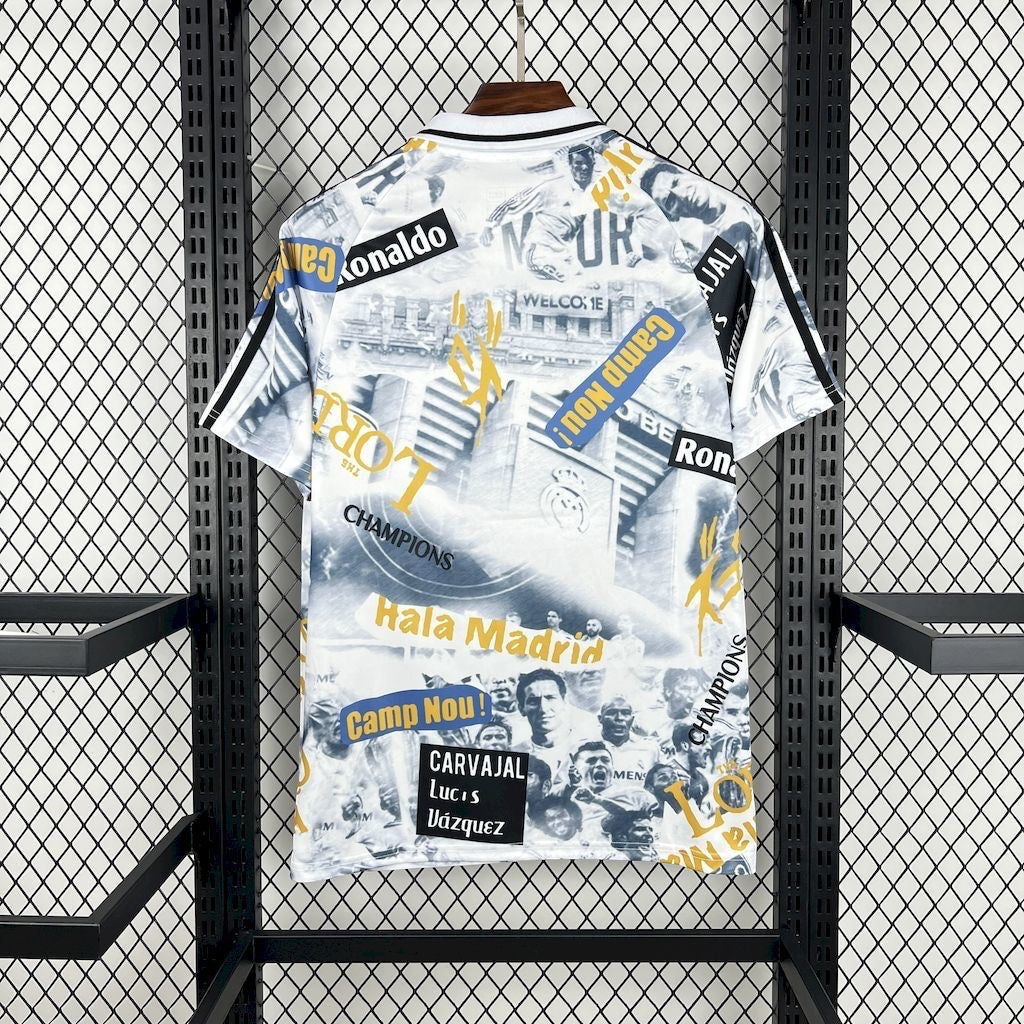 Leazofoot Real Madrid 25/26 concept jersey featuring a white collage print with player names and club graphics