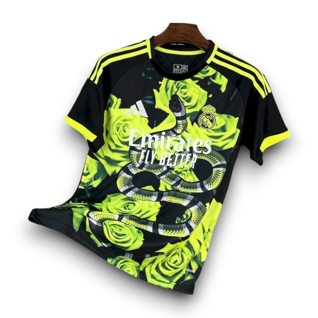 Leazofoot Real Madrid 25/26 concept jersey featuring a black and neon green rose and serpent graphic pattern.