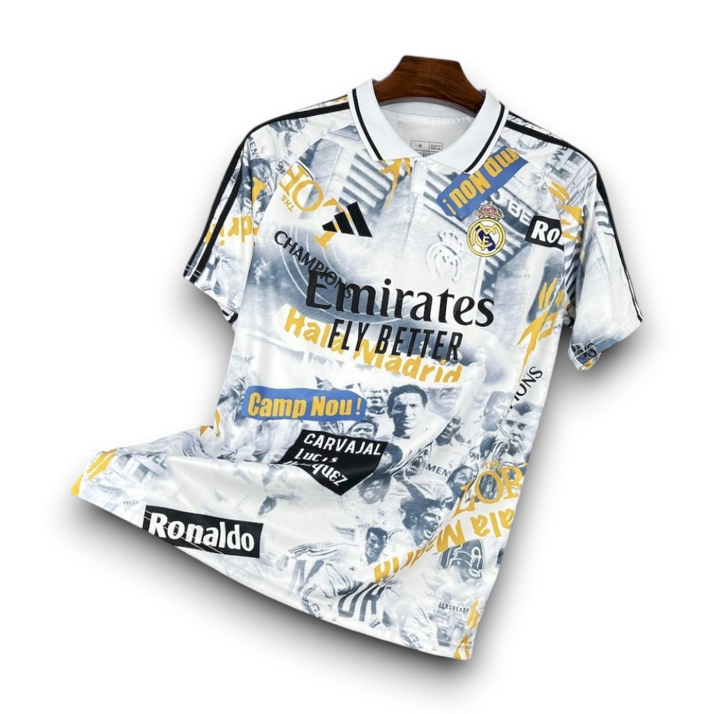 Leazofoot Real Madrid 25/26 concept jersey featuring a white graphic print with player names and team logos.