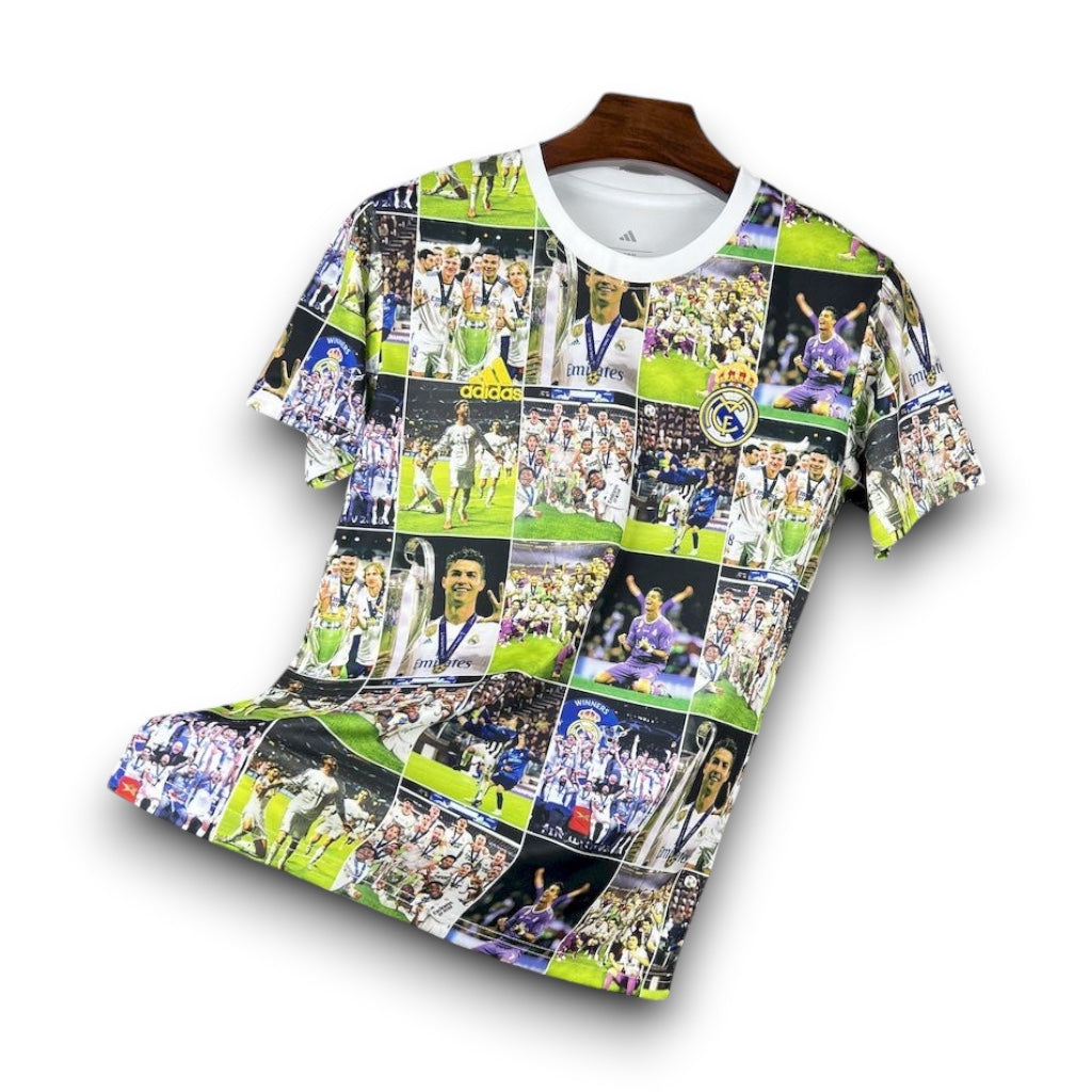 Leazofoot Real Madrid 2024 concept jersey featuring a vibrant collage of iconic team celebration photos