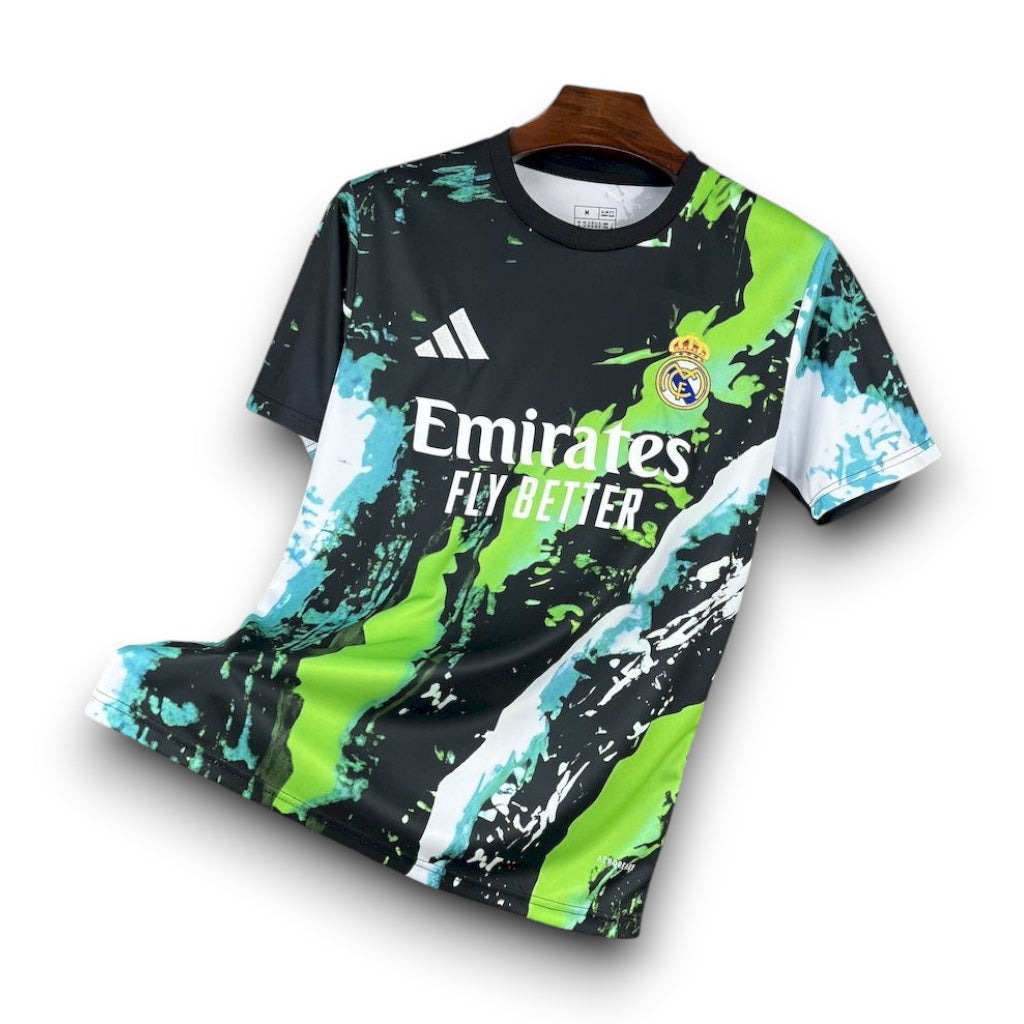 Leazofoot Real Madrid 25/26 concept soccer jersey featuring a black, green, and white abstract paint splatter design.