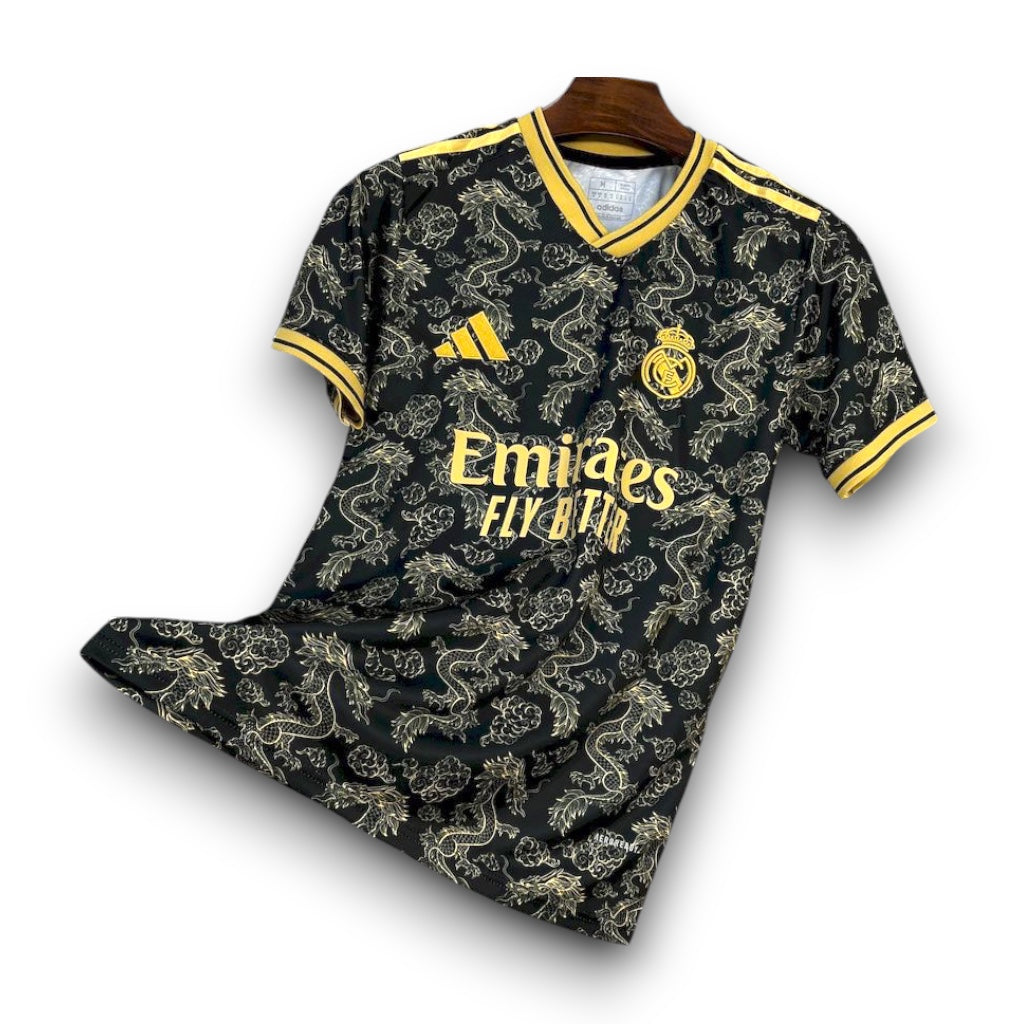 Leazofoot Real Madrid 25/26 concept soccer jersey in black with gold dragon pattern and embroidered club crest