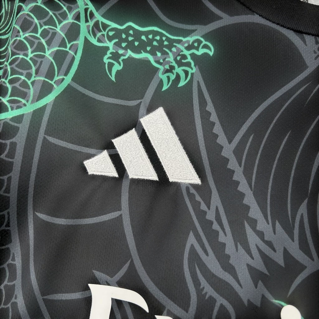Leazofoot Real Madrid Dragon Vert concept jersey featuring a black fabric with green dragon graphic and white logo