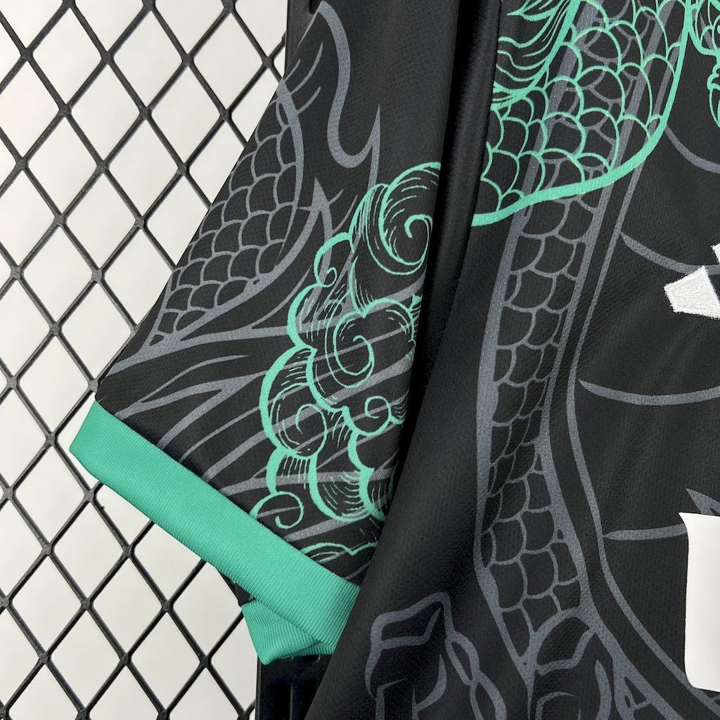 Leazofoot Real Madrid concept jersey featuring a black and green dragon scale pattern with green sleeve trim