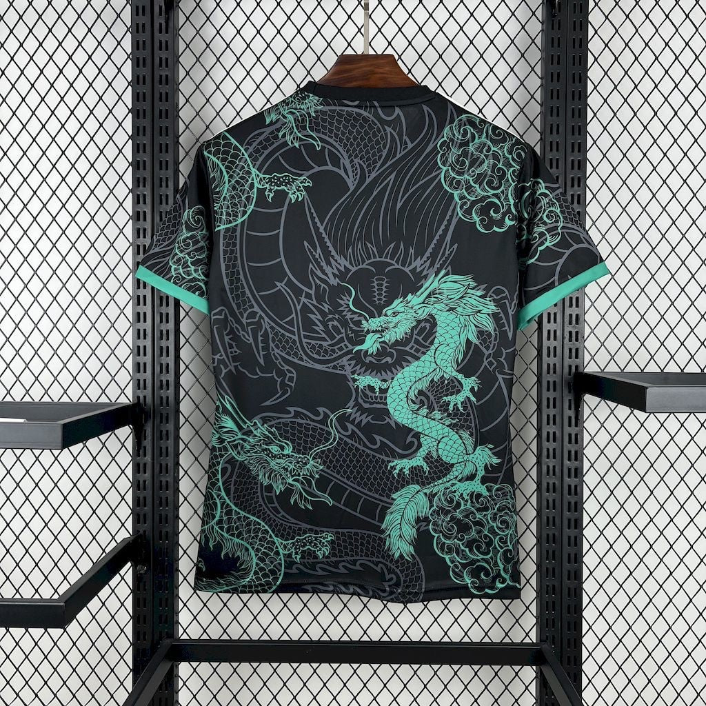 Leazofoot Real Madrid concept football jersey featuring a black and green dragon graphic print on a hanger.