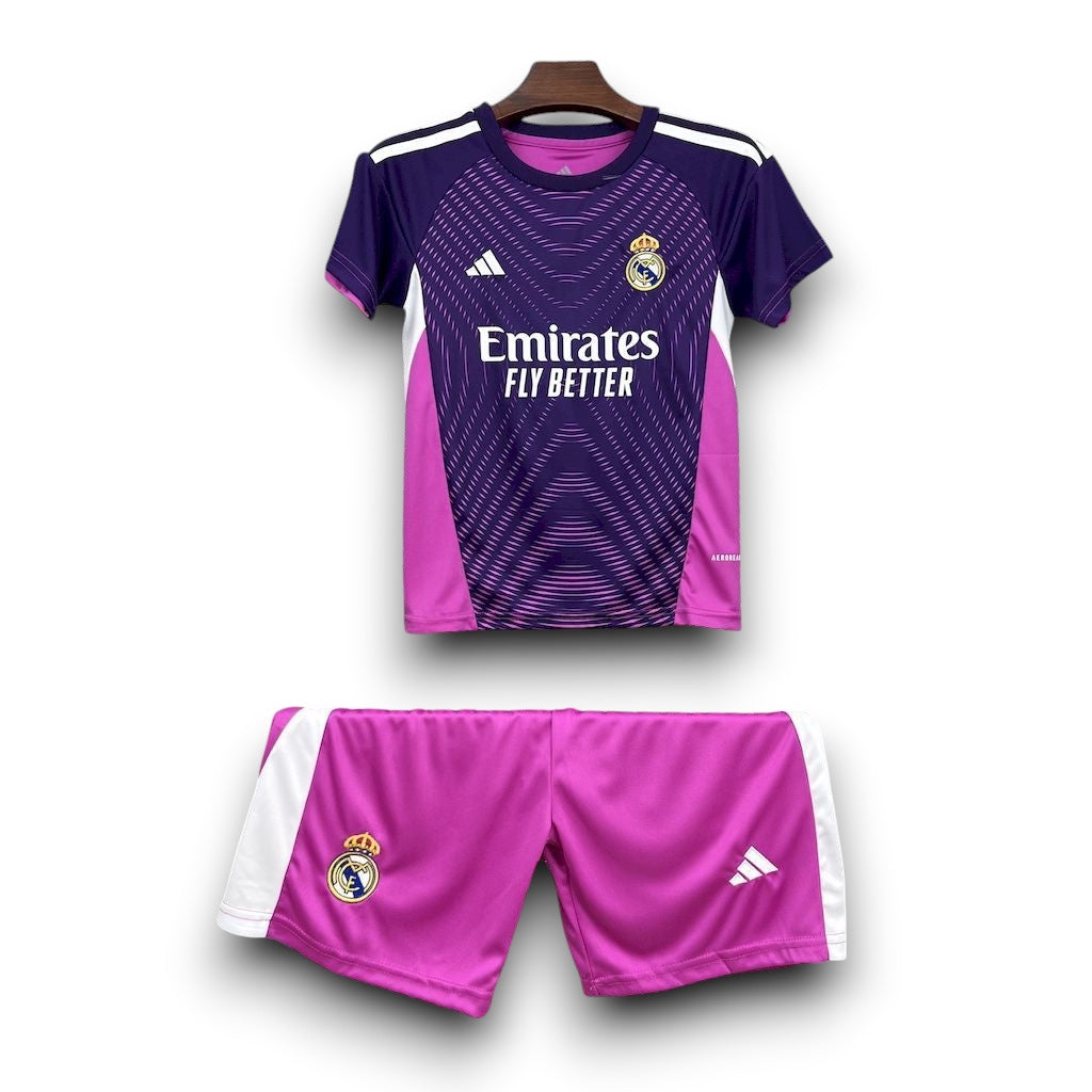 Leazofoot Real Madrid 25/26 youth goalkeeper kit in purple and pink with white accents and team crest